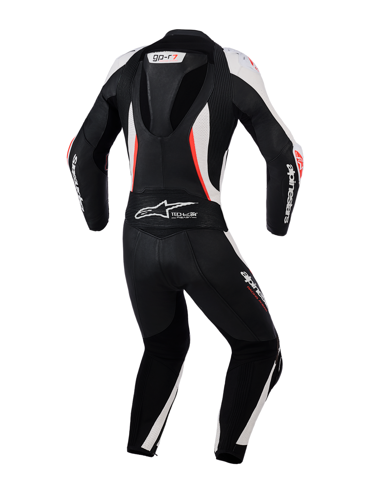 Fato de Cabedal Alpinestars Stella GP-R7 de 2 Peças para Mulher, vista traseira, preto, branco e vermelho fluo, com corcunda aerodinâmica, painéis elásticos em acordeão e pele perfurada para desempenho de competição profissional.