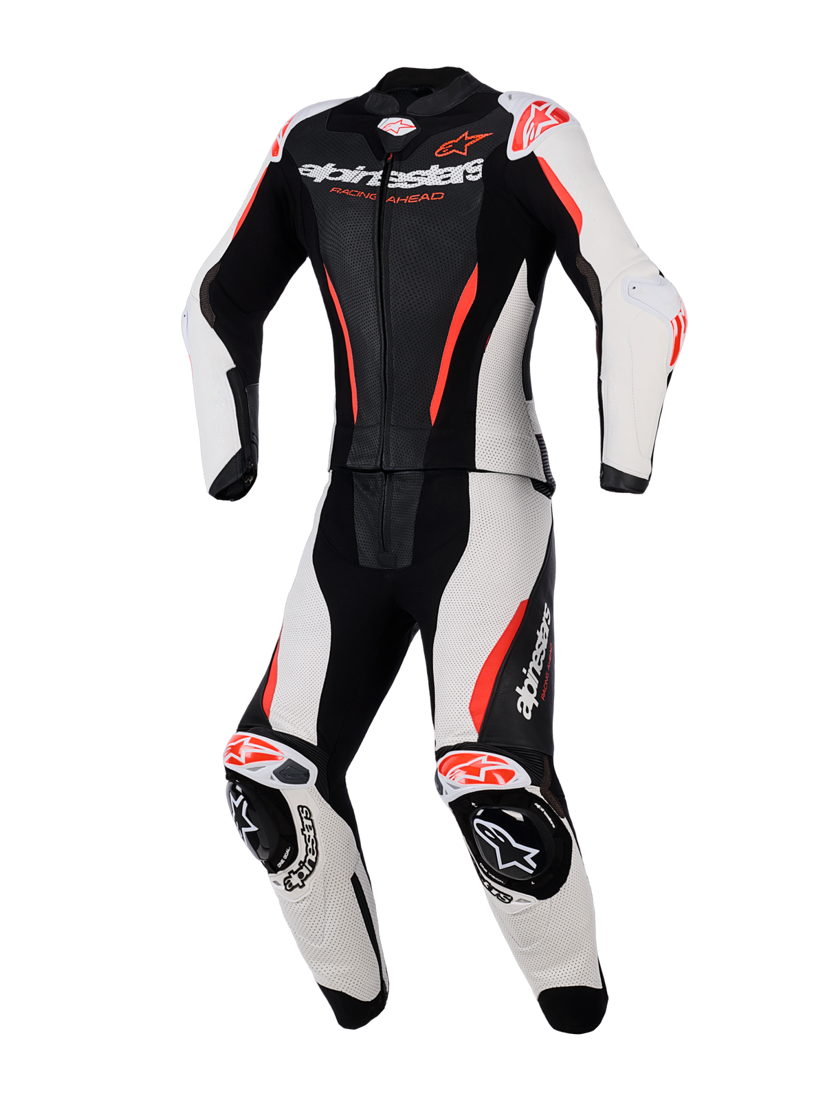 Alpinestars Stella GP-R7 2-Piece Leather Suit, fato de motociclismo de competição para mulher, preto, branco e vermelho fluo, com painéis de pele perfurada, proteções integradas nos ombros e joelhos, design aerodinâmico e logótipos destacados no peito e nas pernas