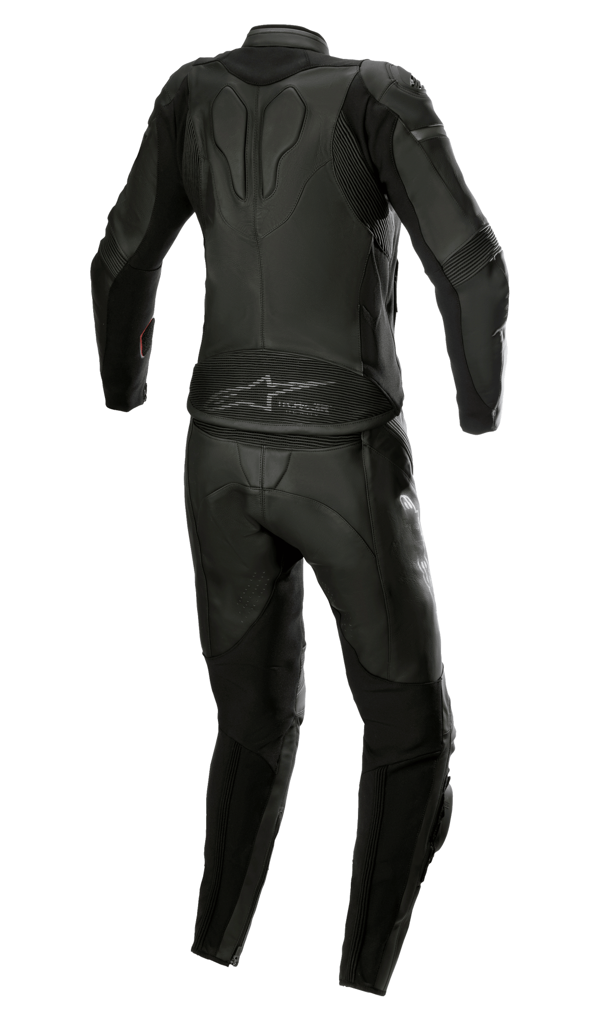 Fato de couro Alpinestars Stella GP Plus 2 Peças para mulher, Black Metallic Gray, vista traseira realçando o design aerodinâmico com painéis extensíveis em acordeão, construção protetora em couro e marca Alpinestars na zona inferior das costas, especificamente adaptado para um ajuste de corrida feminino
