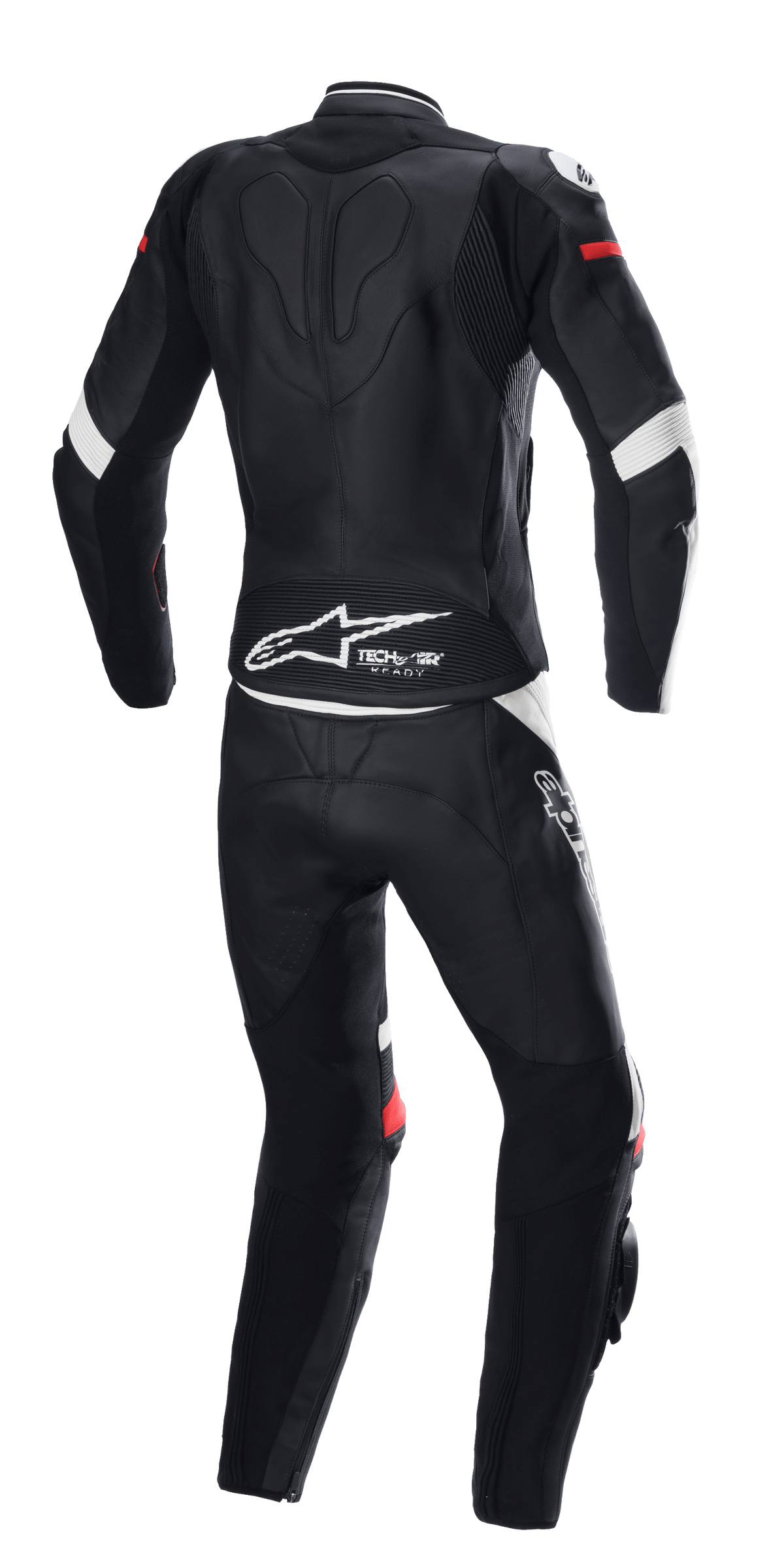 Alpinestars Stella GP Plus 2-Piece Leather Suit, preto, branco e vermelho brilhante, vista traseira, com marca Tech-Air Ready e logótipo Alpinestars na zona lombar, macacão de proteção ergonómico com painéis elásticos para corridas de motociclismo