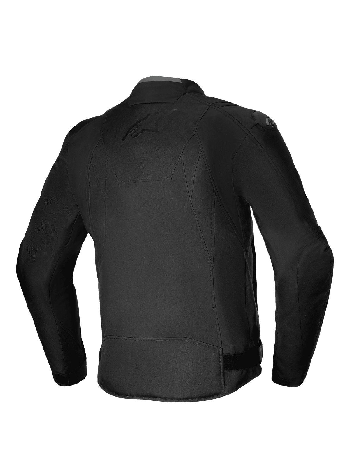 Casaco Impermeável Alpinestars T-SP 1 V2, casaco de motociclismo têxtil, preto, vista traseira que destaca a silhueta desportiva 3D, deslizadores de ombro DFS Lite e logótipo tonal subtil nas costas, equipamento durável para todas as condições climatéricas