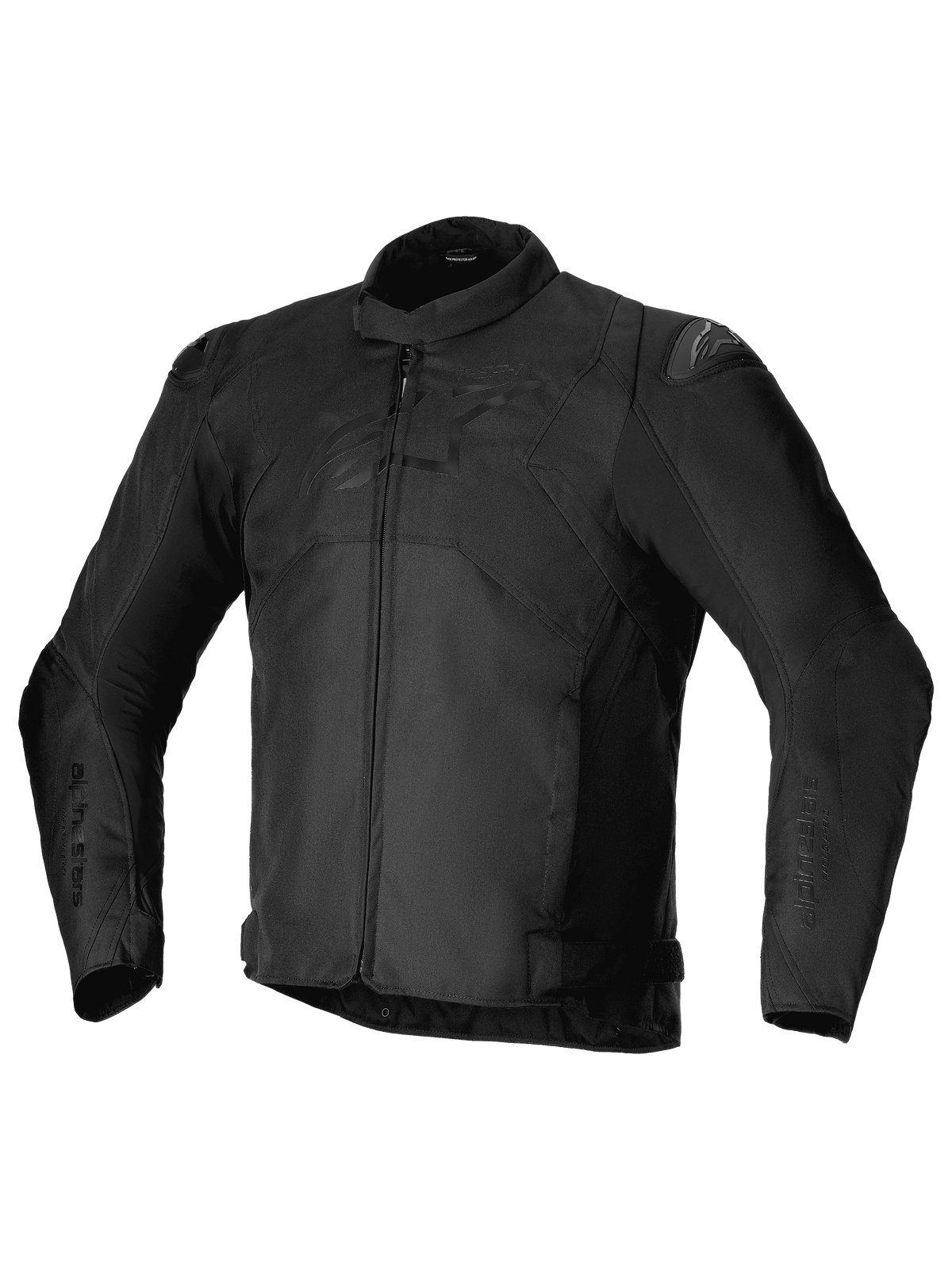 Alpinestars T-SP 1 V2 Waterproof Jacket, casaco de motociclismo têxtil desportivo, preto, com gola de perfil baixo, mangas compridas pré-curvadas, fecho frontal, deslizadores de ombro DFS Lite e logótipo Alpinestars tonal no peito.