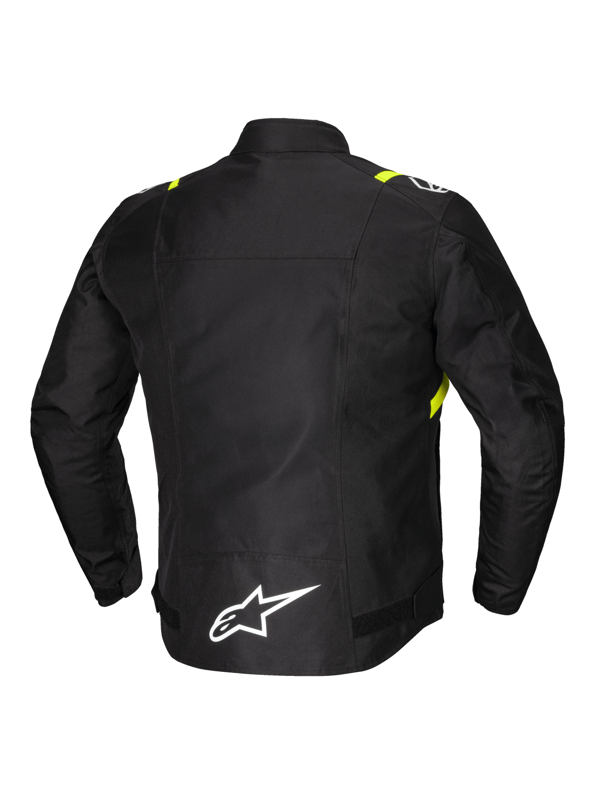 Alpinestars Jaqueta T-SPS V2 Impermeável, casaco de moto têxtil para homem, vista traseira com detalhes refletores e logótipo branco na parte inferior das costas, preto com apontamentos em branco e amarelo fluo