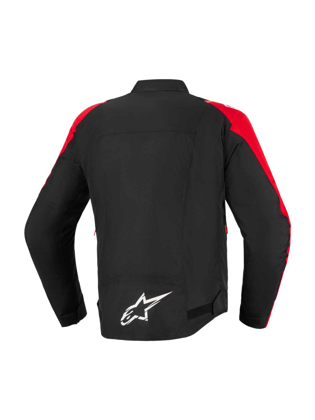 Alpinestars T-SPS V2 Waterproof Jacket, casaco de motociclismo, preto com detalhes vermelhos, vista traseira com logótipo Alpinestars branco na parte inferior das costas, design têxtil de corte desportivo para condução urbana e estrada