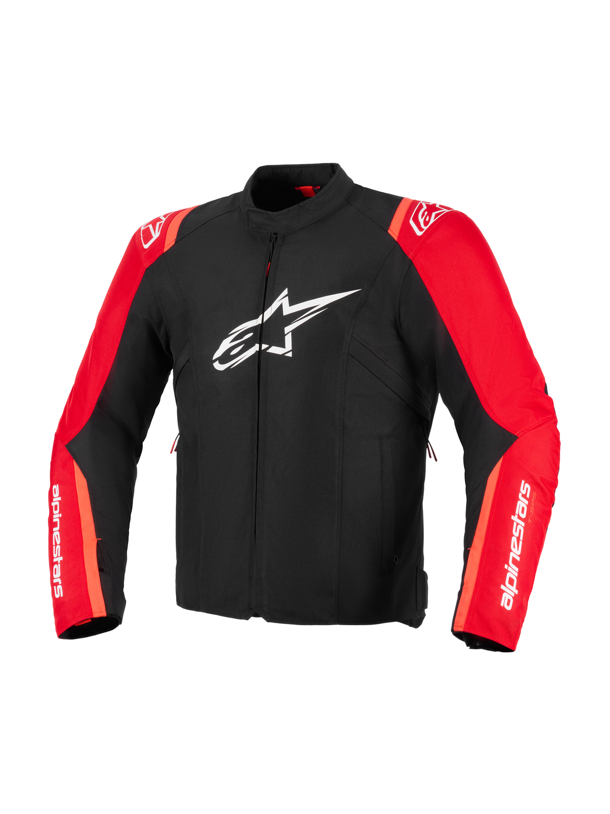 Casaco Impermeável Alpinestars T-SPS V2, preto e vermelho fluo, casaco de motociclismo em têxtil, com logótipo da estrela Alpinestars em branco no peito e marcação em branco nas mangas, design de corte desportivo inspirado na competição