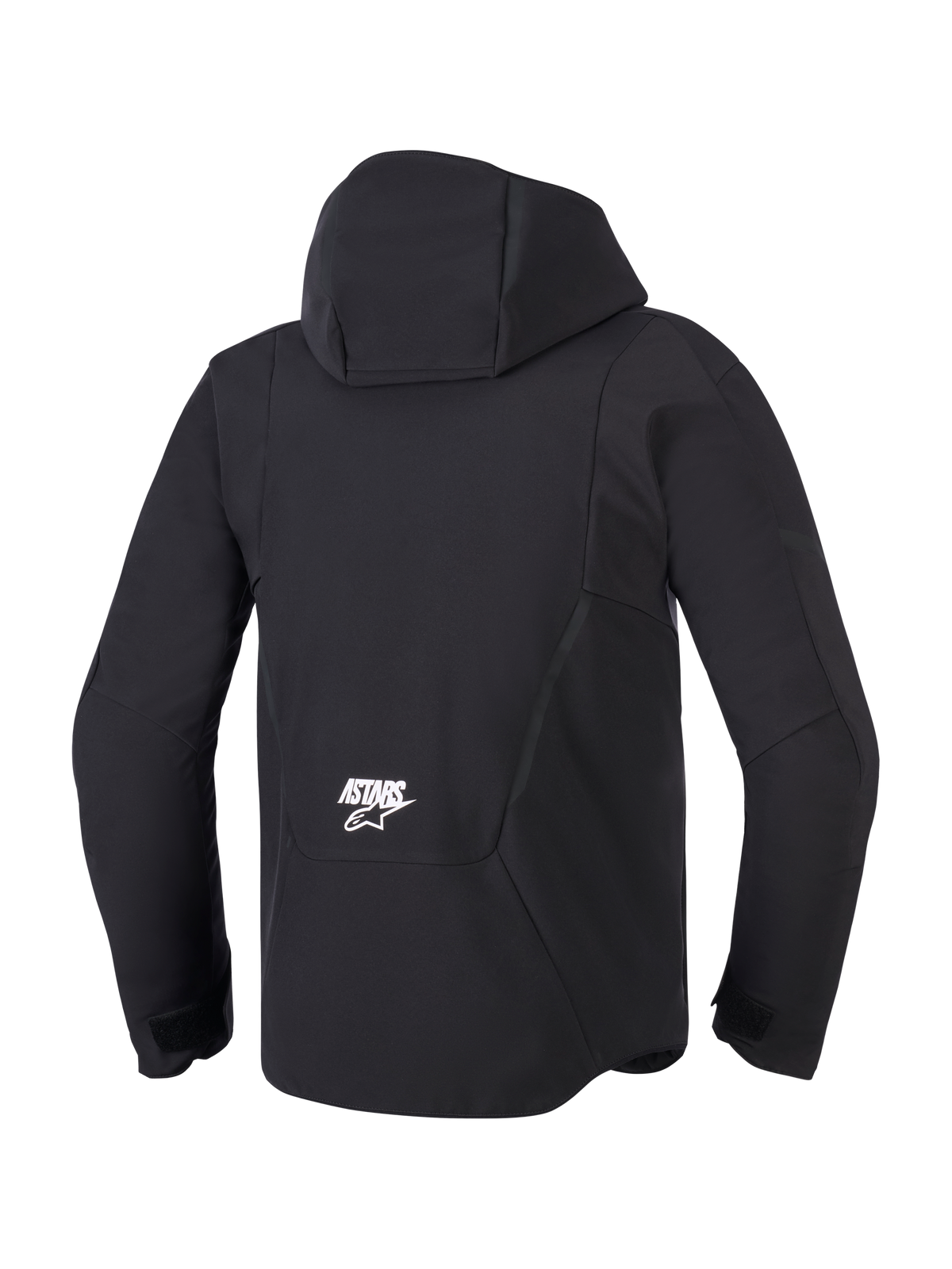 Alpinestars Aeroshell WP, casaco de moto softshell impermeável, preto, vista traseira com capuz e logótipo ASTARS branco.