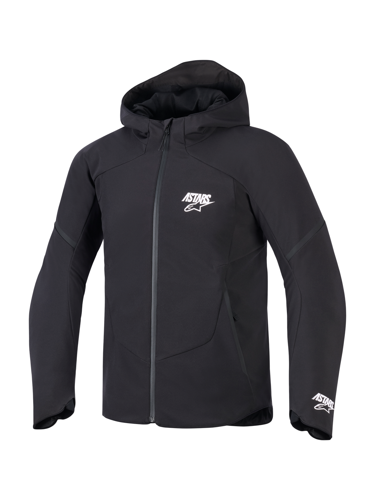 Alpinestars Aeroshell Waterproof Jacket, casaco softshell com capuz para homem, preto, impermeável e logótipo ASTARS branco.
