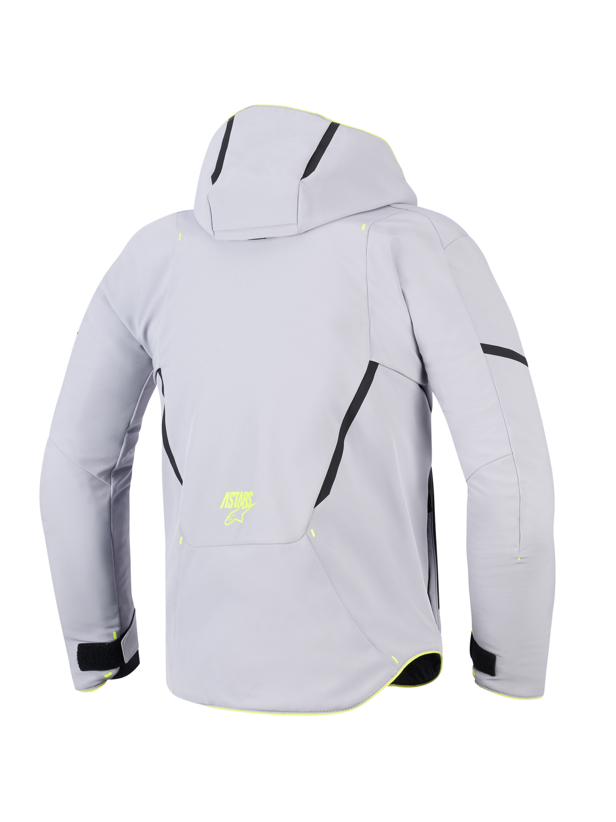 Casaco Alpinestars Aeroshell Waterproof, Mid Gray Yellow Fluo, vista traseira de um casaco de motociclismo com capuz, softshell têxtil cinzento claro com detalhes diagonais pretos, logótipo ASTARS em amarelo fluorescente na parte inferior das costas, design moderno de estilo desportivo.