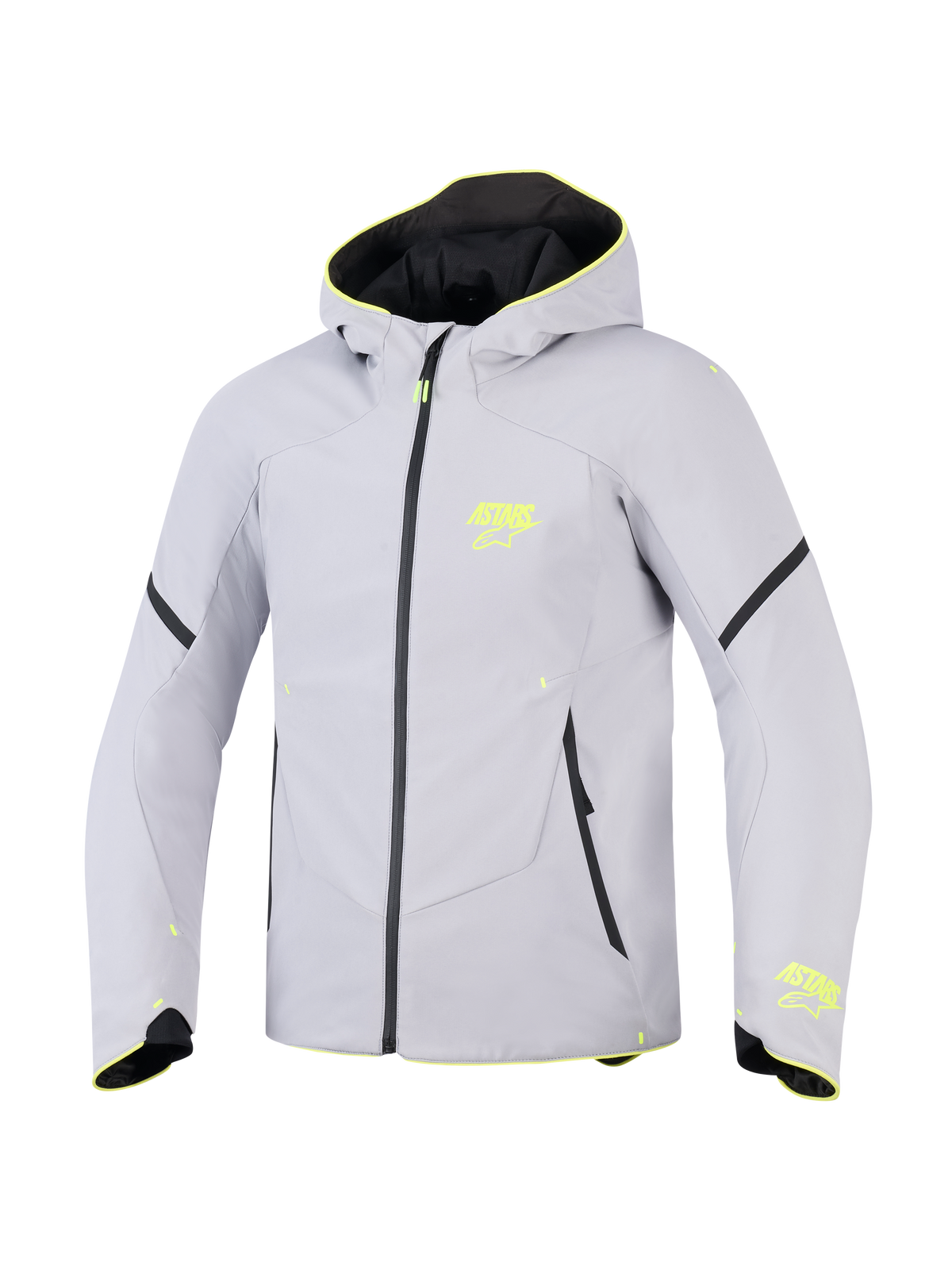 Casaco Alpinestars Aeroshell Waterproof, cinzento médio e amarelo néon, casaco de motociclismo softshell desportivo com capuz, logótipos ASTARS em amarelo néon, fecho de correr impermeável preto e corte atlético moderno