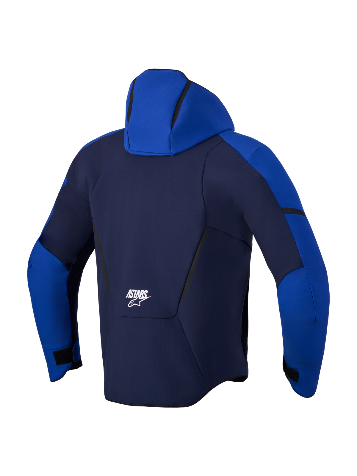 Alpinestars Aeroshell Wp Casaco, blusão desportivo de moto em softshell, vista traseira a mostrar o capuz e a marca, azul-marinho e azul-brilhante, construção elástica impermeável e respirável