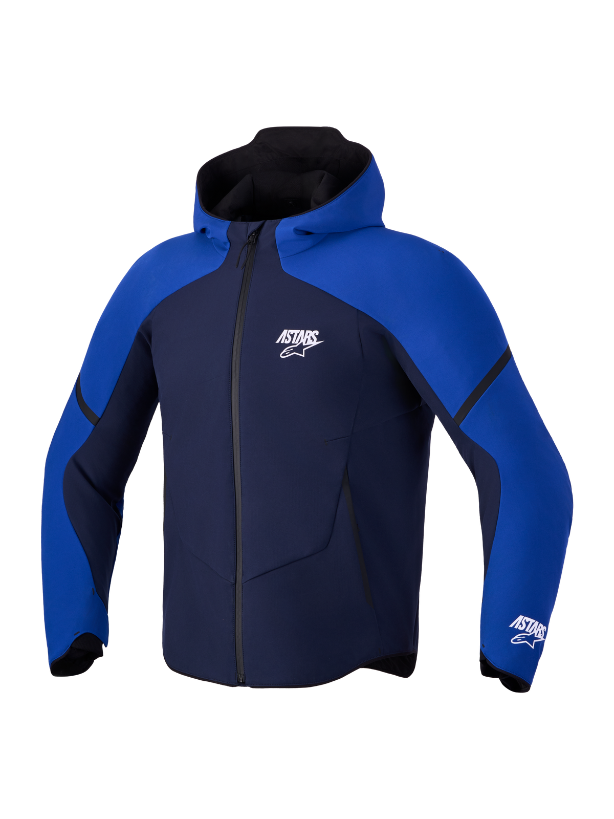 Alpinestars Aeroshell Waterproof Jacket, casaco de moto desportivo em softshell com capuz, azul-escuro e azul-brilhante, membrana impermeável com costuras seladas, certificado CE