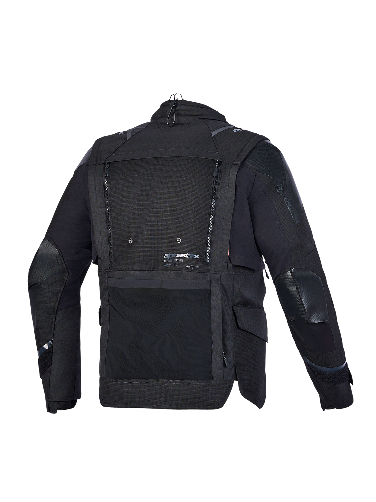 Alpinestars Harok V2 Drystar, casaco de moto adventure, vista traseira em preto, com construção técnica em ripstop, painel de malha de ventilação e armazenamento impermeável