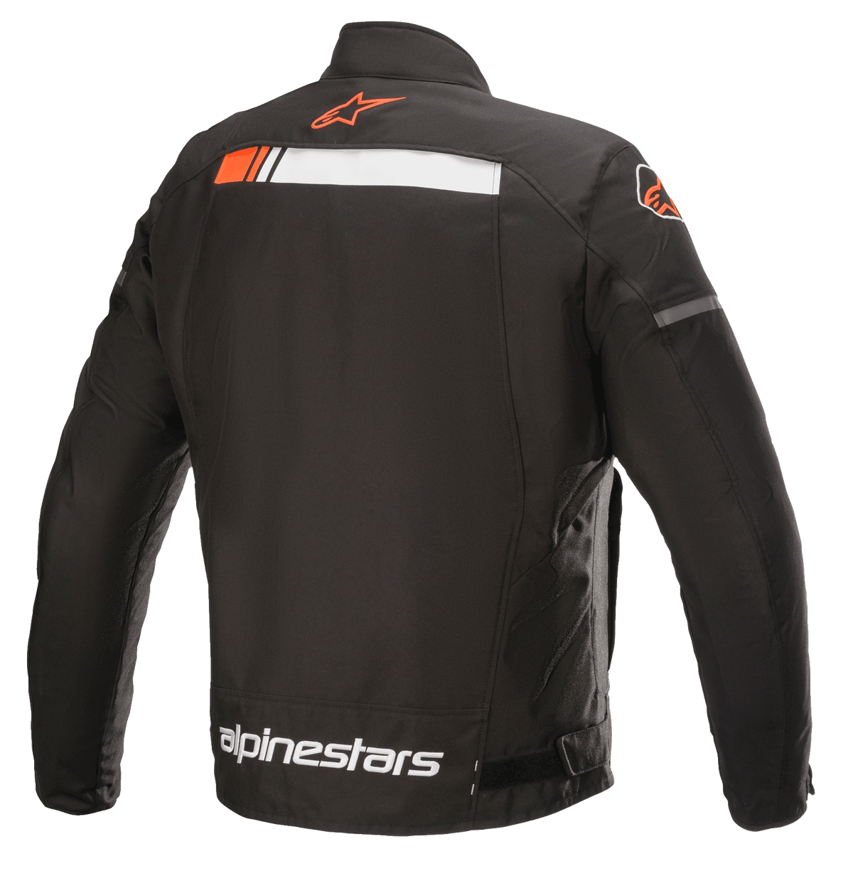 Alpinestars T-SP S Ignition Waterproof Jacket, casaco de motociclismo, preto, branco e vermelho fluorescente, vista traseira com risca horizontal branca e vermelho fluorescente nos ombros, logótipo Alpinestars na gola e na parte inferior das costas, construção têxtil durável para condução urbana
