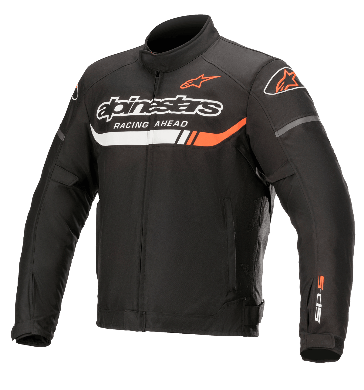 Alpinestars T-SP S Ignition Waterproof Jacket, casaco de motociclismo em tecido preto com detalhes em branco e vermelho fluo, com a marca Alpinestars e o texto 'Racing Ahead' no peito, logótipo SP-S na manga, gola alta e cintura ajustável