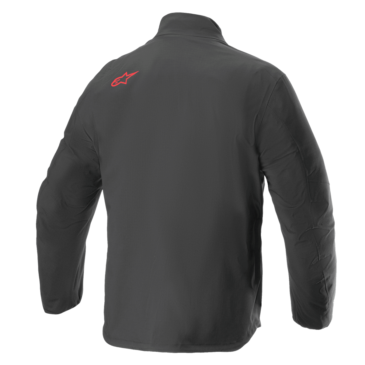 Jaqueta Alpinestars AMT Storm Gear Drystar® XF, jaqueta de motociclismo impermeável, preta, vista traseira com logótipo Alpinestars vermelho no ombro superior, construção em têxtil ripstop durável com costas alongadas para maior cobertura