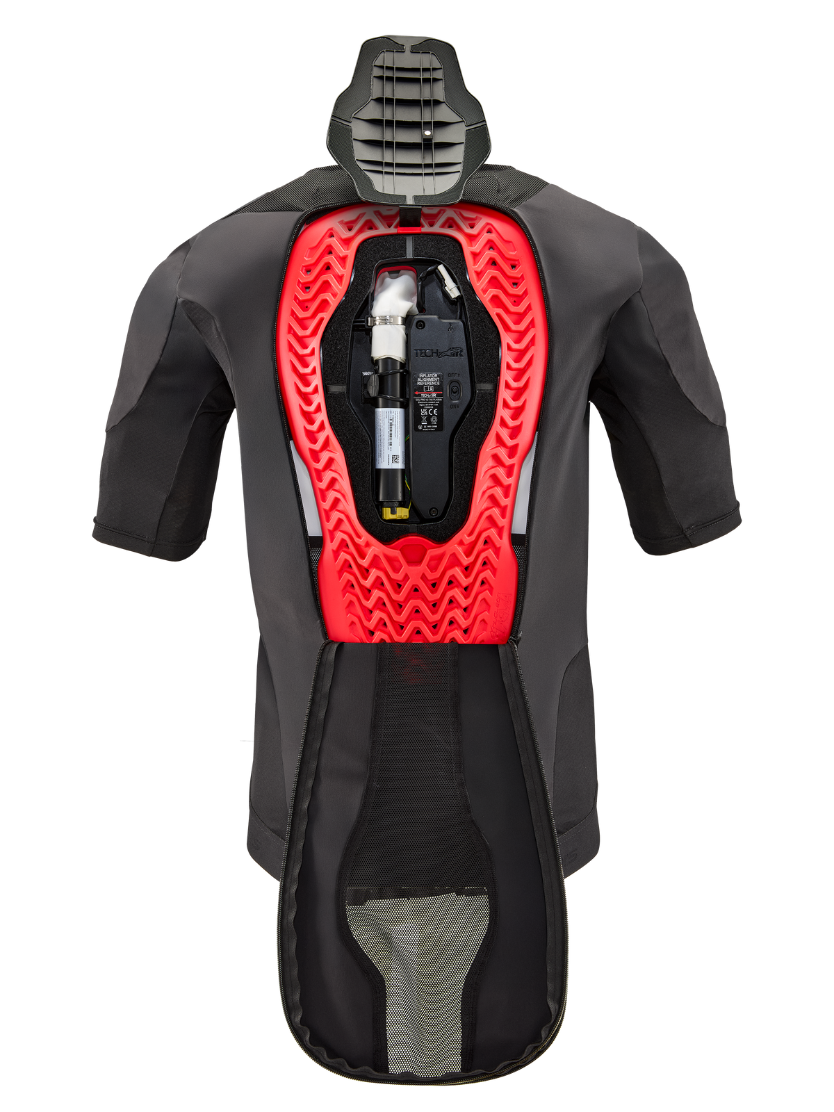Cartucho de Substituição para Airbag Alpinestars Tech-Air® 5 Plasma, mostrado no interior de um colete Tech-Air® 5 Plasma, peça de vestuário preta com estrutura interna em favo de mel vermelho brilhante, apresentando o cilindro de gás árgon e unidade eletrónica, equipamento técnico de segurança para motociclismo