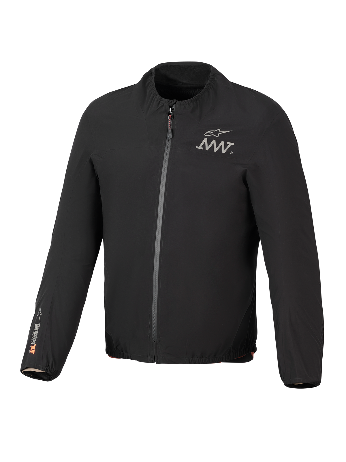 Alpinestars AMT-8 Stretch Drystar® XF Jacket Liner, preto, casaco elástico impermeável e leve, fecho de correr frontal, logótipo AMT no peito, marca Drystar® XF na manga direita, gola e punhos elásticos