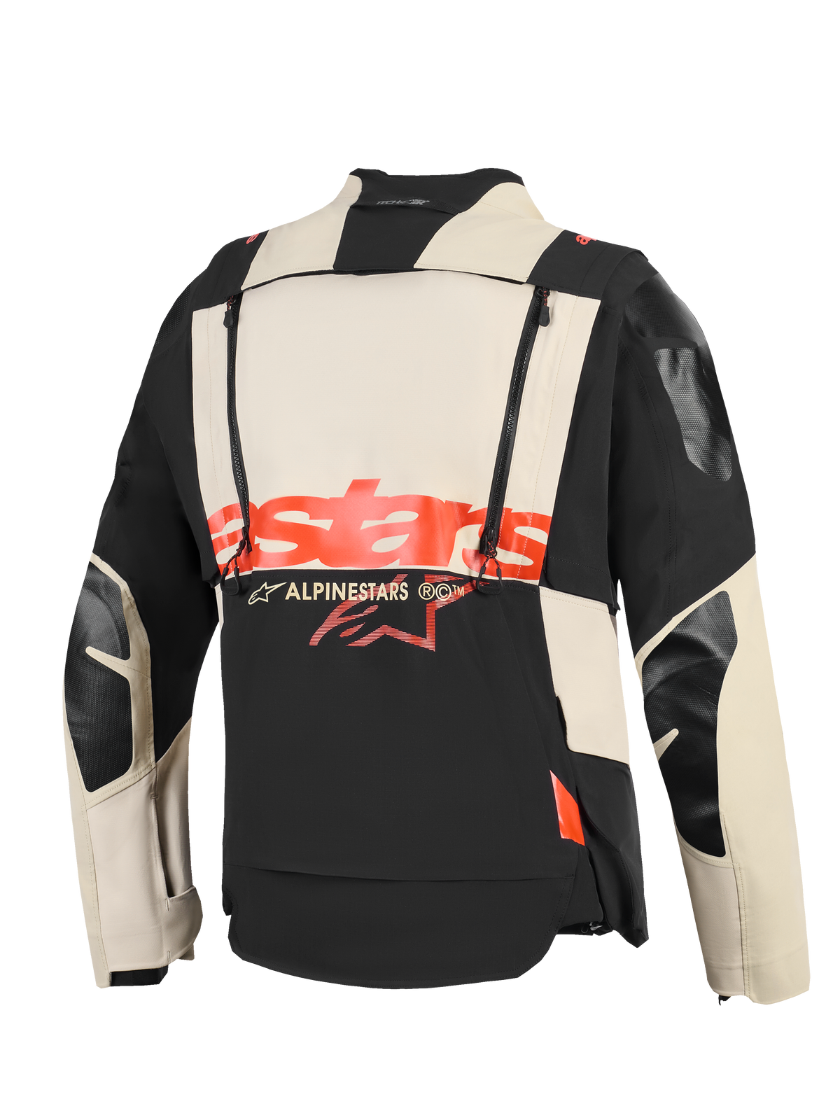 Alpinestars Halo Pro Drystar® XF Laminated Jacket, vista traseira, construção têxtil em Mastic Black e creme, logótipo 'stars' vermelho arrojado no centro, fechos de correr verticais duplos para ventilação modular, vestuário técnico de motociclismo de aventura