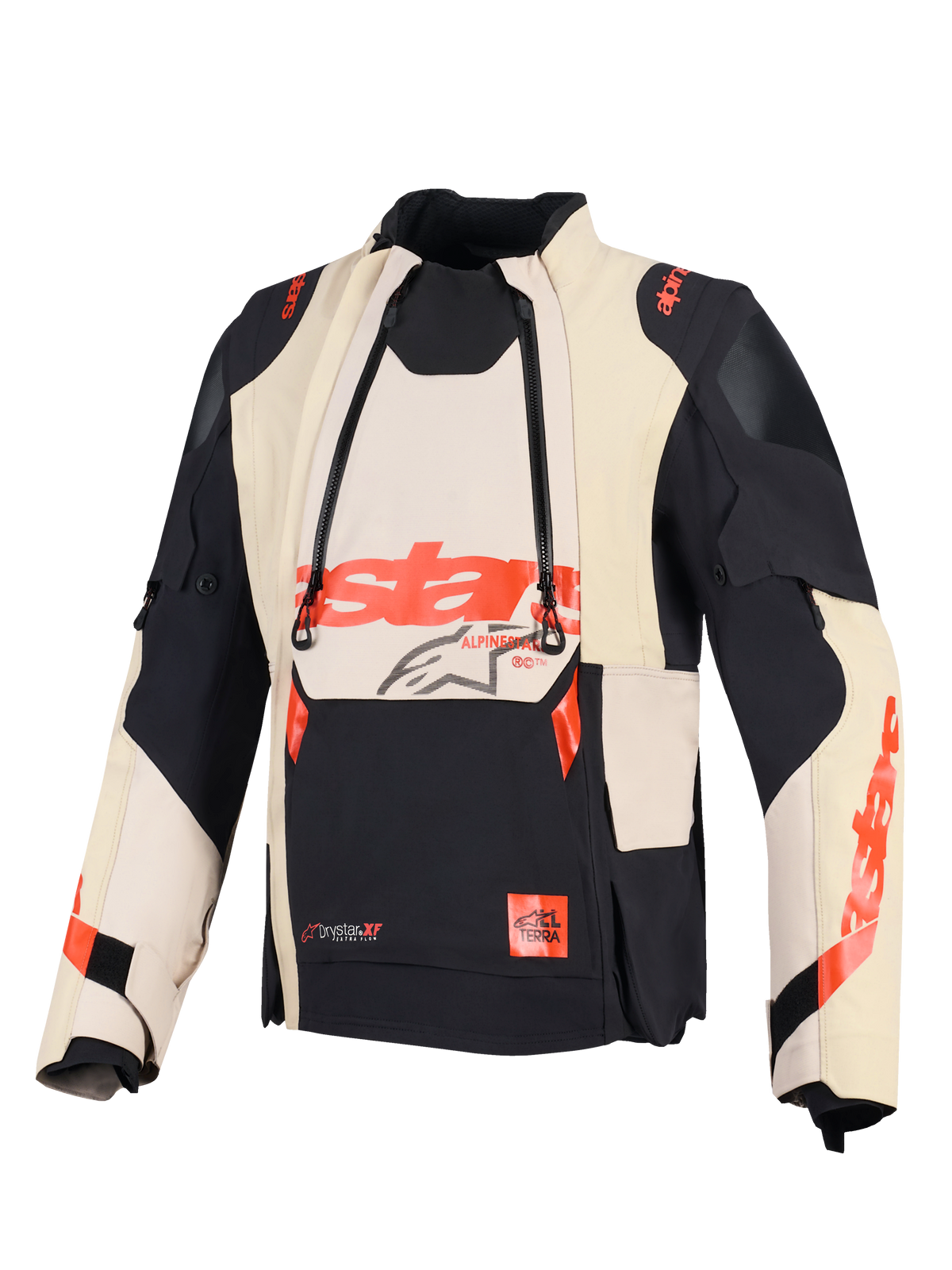 Casaco Alpinestars Halo Pro Drystar® XF Laminado, casaco de motociclismo de aventura, Mastic Black, com painéis de ventilação frontais modulares e logótipo Alpinestars em vermelho, design têxtil técnico para condução versátil em todo-o-terreno