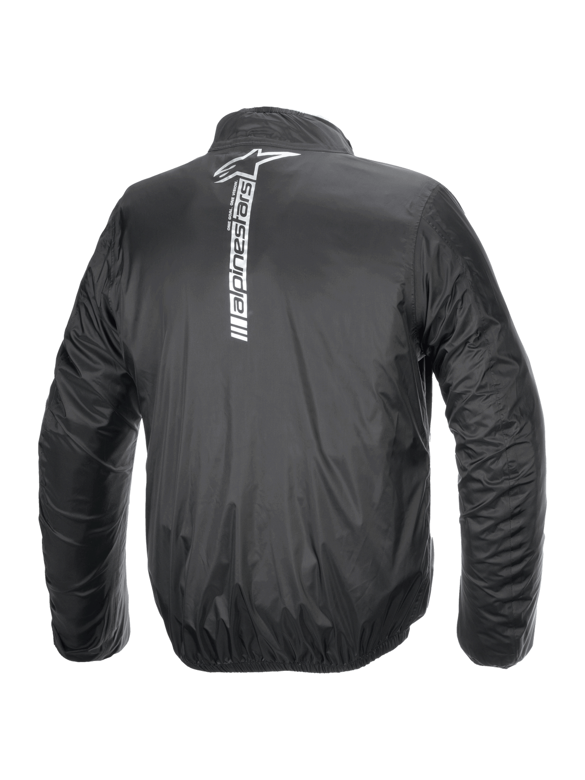 Casaco Alpinestars Hurricane Rain V2, casaco de chuva impermeável para motociclismo, preto, vista traseira com um grande logótipo e logomarca Alpinestars brancos verticais no centro das costas, tecido laminado leve com punhos e cintura elásticos