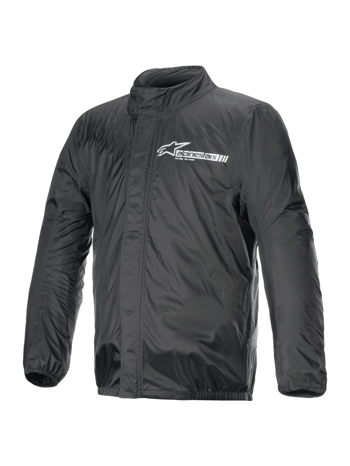 Alpinestars Hurricane Rain V2 Jacket, casaco de chuva para motociclismo, preto, com logótipo Alpinestars branco no peito, gola alta, fecho frontal com aba de proteção, punhos e bainha elásticos, tecido laminado impermeável
