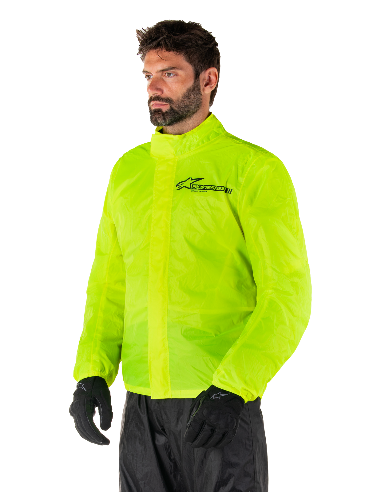 Casaco Alpinestars Hurricane Rain V2, Amarelo Fluo, casaco de chuva para motociclismo impermeável em amarelo fluorescente de alta visibilidade, fecho frontal de dupla aba, logótipo Alpinestars no peito, design leve e compactável para condução em tempo húmido
