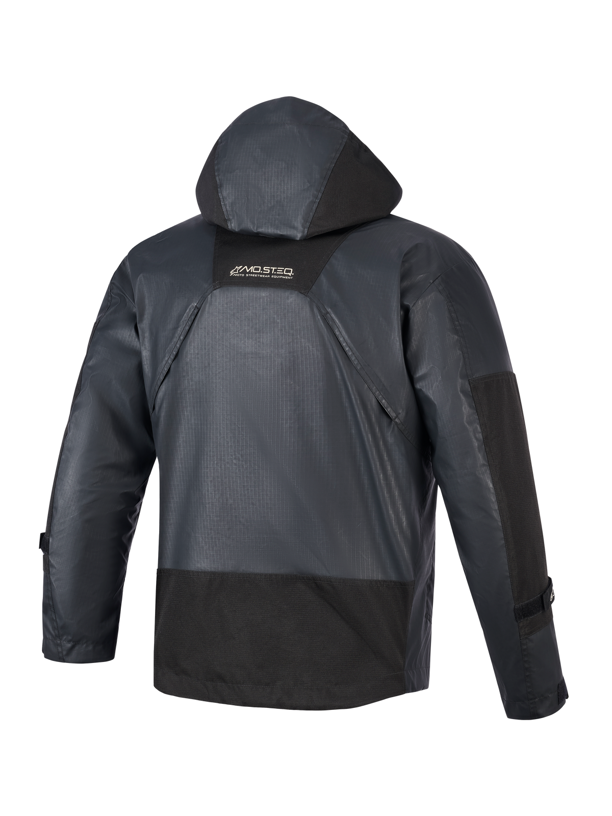Casaco Impermeável Alpinestars Mospher, parka de motociclismo, preto, vista traseira mostrando capuz integrado e construção em tecido ripstop, marca MO.ST.EQ na parte superior das costas, design tático urbano para condução em todas as condições climáticas