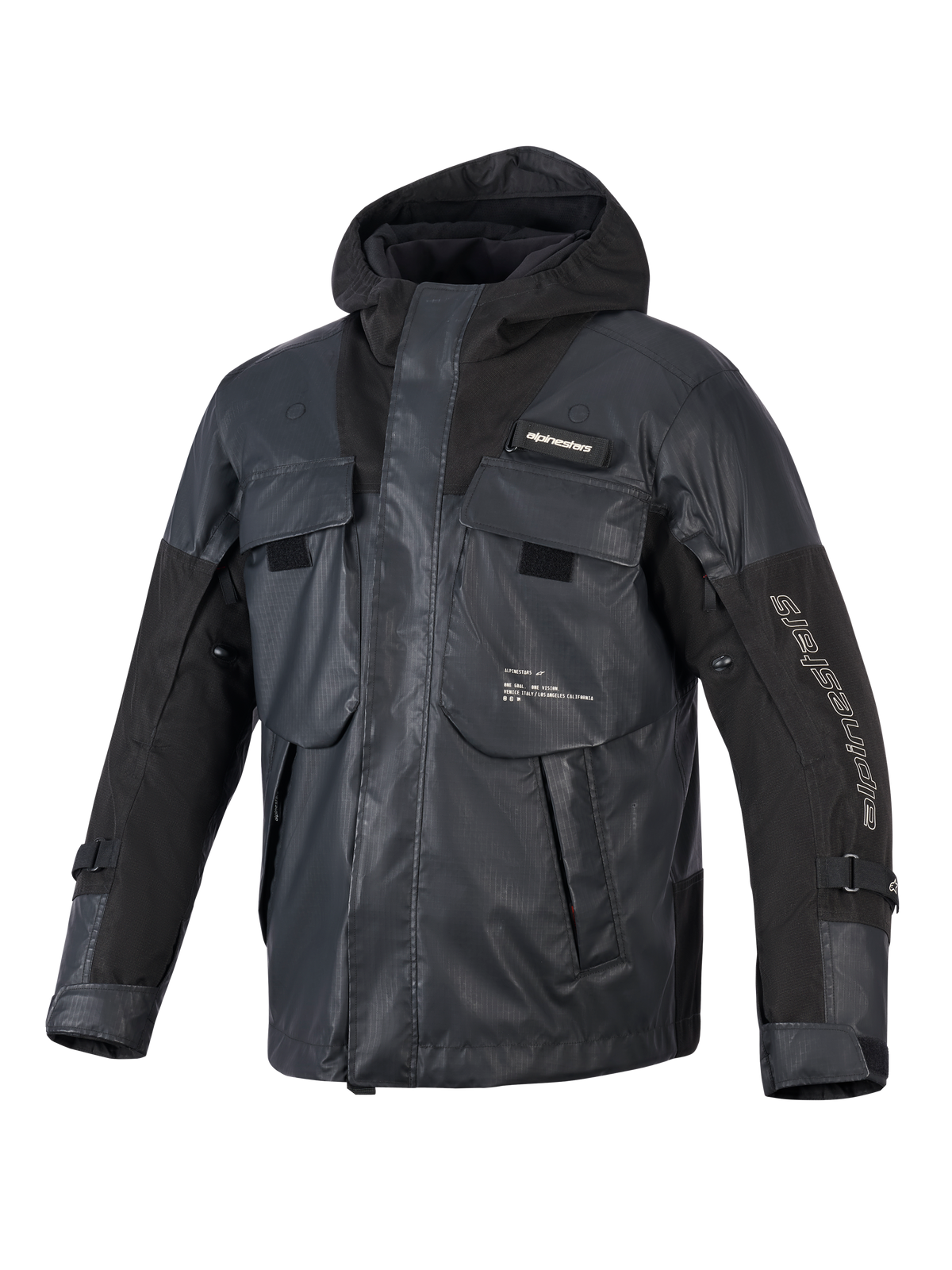 Casaco Impermeável Alpinestars Mospher, parka de motociclismo preta, design tático utilitário com múltiplos bolsos grandes, construção em tecido ripstop, capuz integrado, logótipo Alpinestars branco na manga e no peito