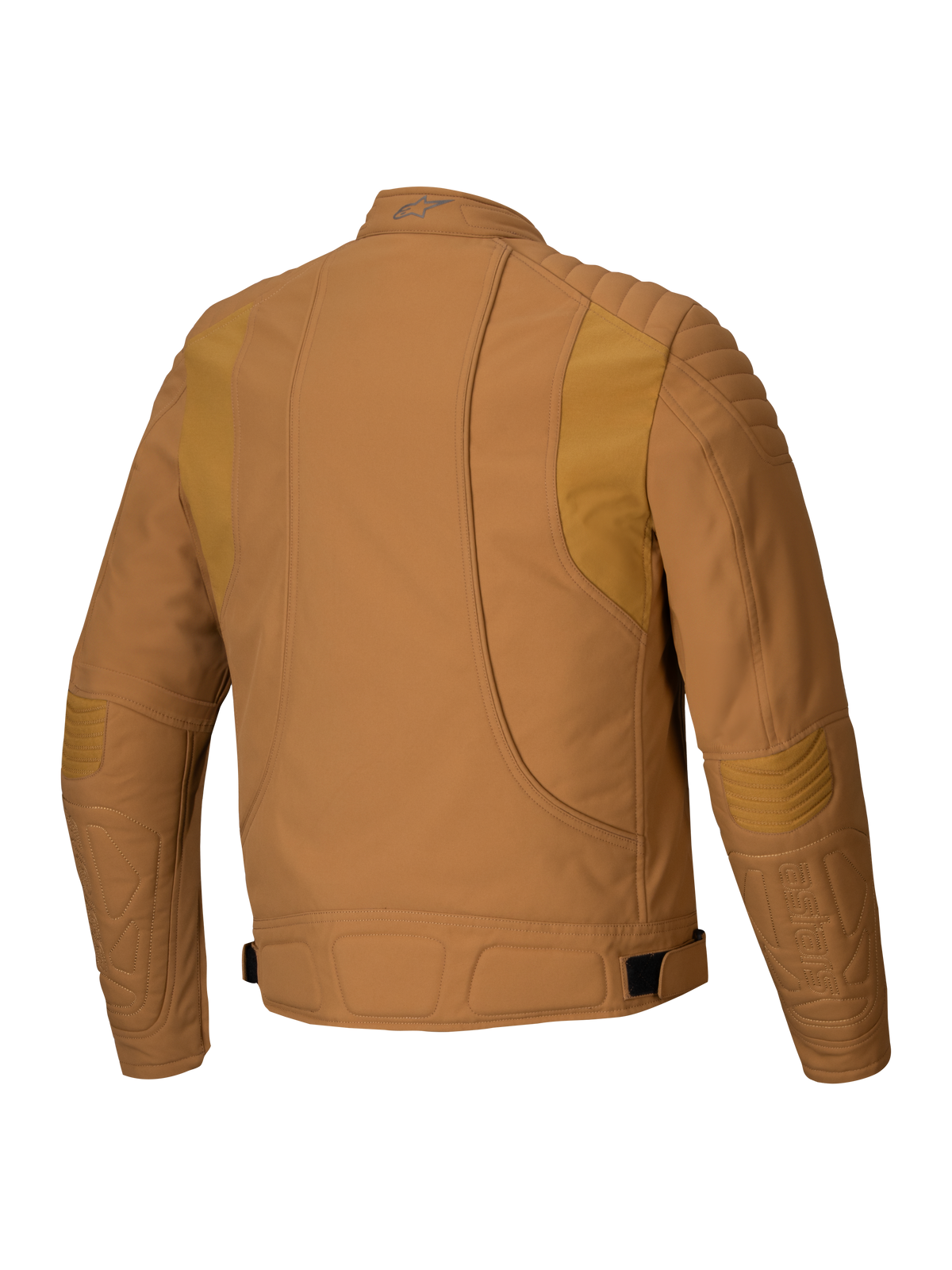 Casaco Alpinestars Clayton WR, casaco de motociclista, castanho Utility Brown Light Gold, vista traseira com detalhes acolchoados nos ombros e cotovelos, linhas curvas ergonómicas e tiras de ajuste na cintura, equipamento urbano de motociclismo