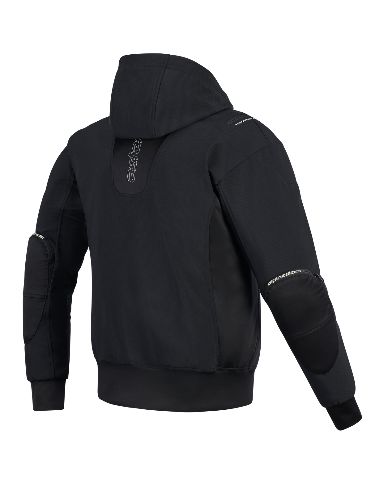 Alpinestars Moblast Waterproof Jacket, Rear View, Black, urban motorcycle hoodie with vertical branding on the back, technical softshell and ripstop construction featuring a fixed hood and external elbow protector zippers