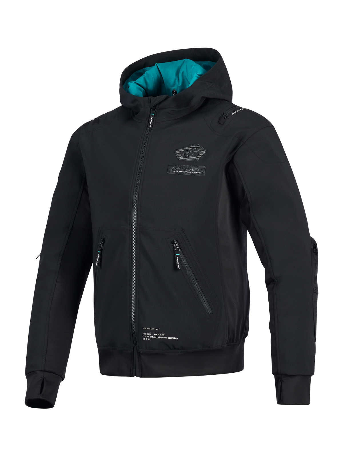 Alpinestars Moblast Waterproof Jacket, Black with teal hood lining, technical softshell motorcycle jacket featuring 3D zippered pockets, integrated thumbholes, and Alpinestars chest branding, urban riding apparel
