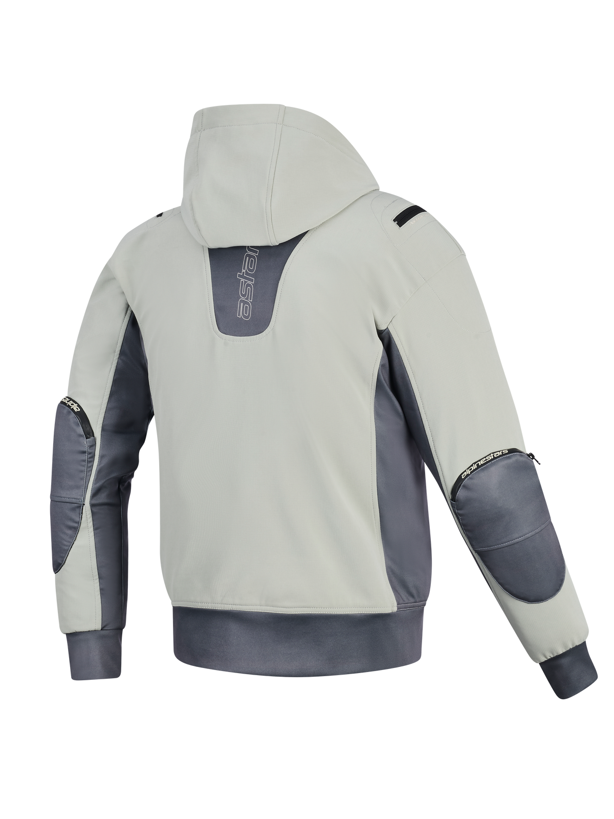 Alpinestars Moblast Waterproof Jacket, back view, Iron Gray and Dark Sage, motorcycle hoodie with light sage body and dark gray accents, vertical branding on the back, visible elbow protector zippers, and elasticated waistband