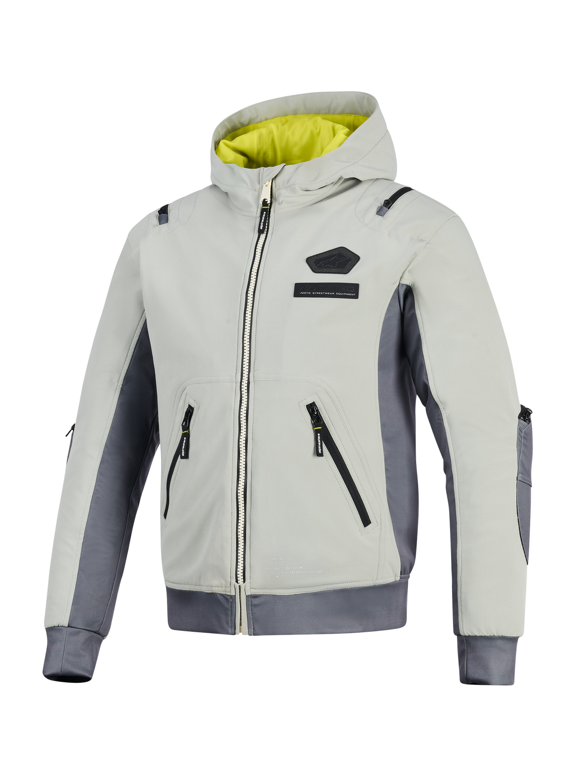 Alpinestars Moblast Waterproof Jacket, Iron Gray and Dark Sage, hooded motorcycle jacket with bright yellow lining, light gray textile body with dark gray side panels, featuring waterproof zippers and chest logo branding