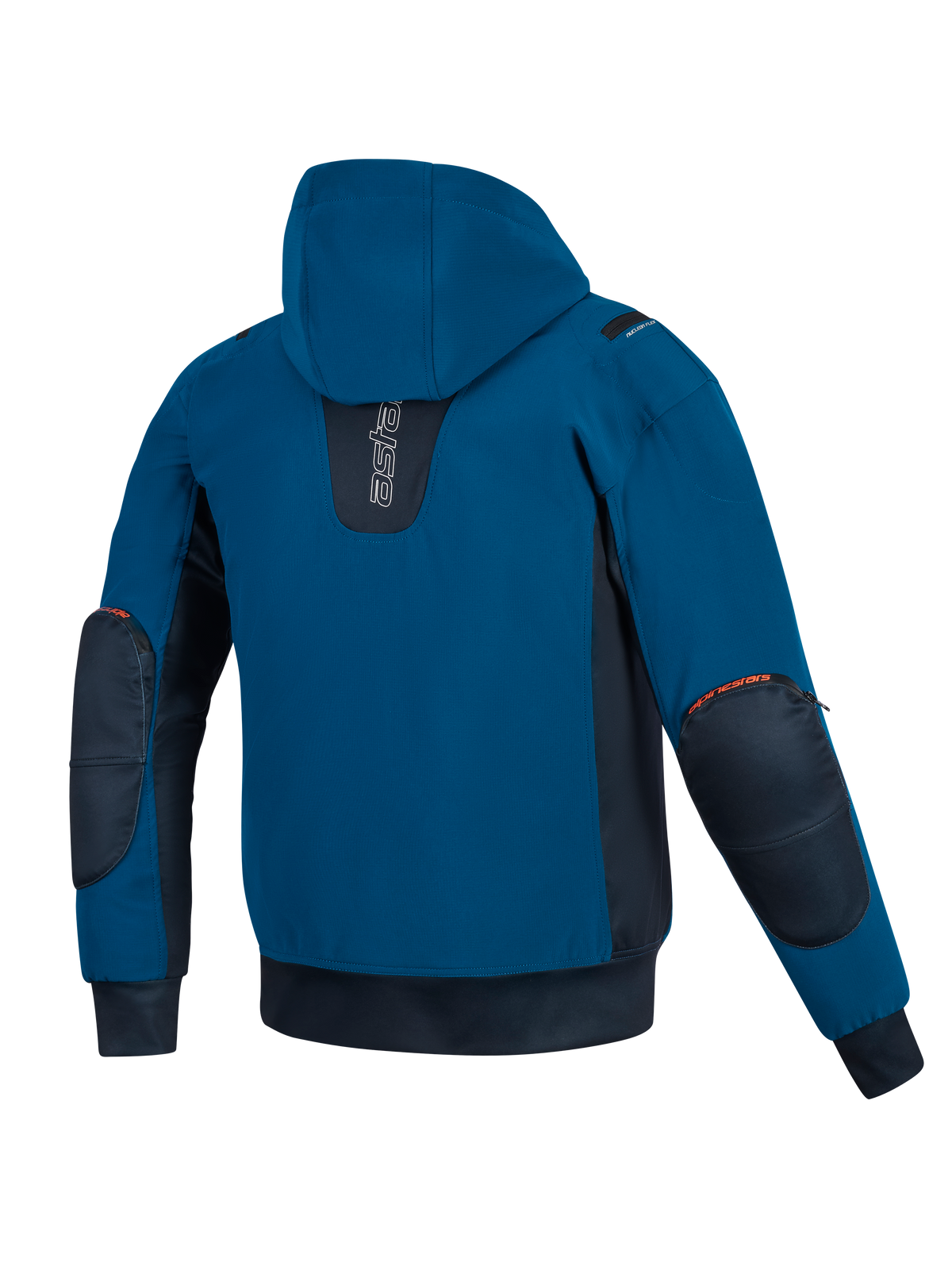Casaco Alpinestars Moblast Waterproof, em azul Dark Petrol e Dark Navy, vista traseira de casaco de motociclismo com capuz, apresentando construção em softshell, painéis laterais em azul escuro e protetores de cotovelo reforçados com detalhes do logótipo em laranja.