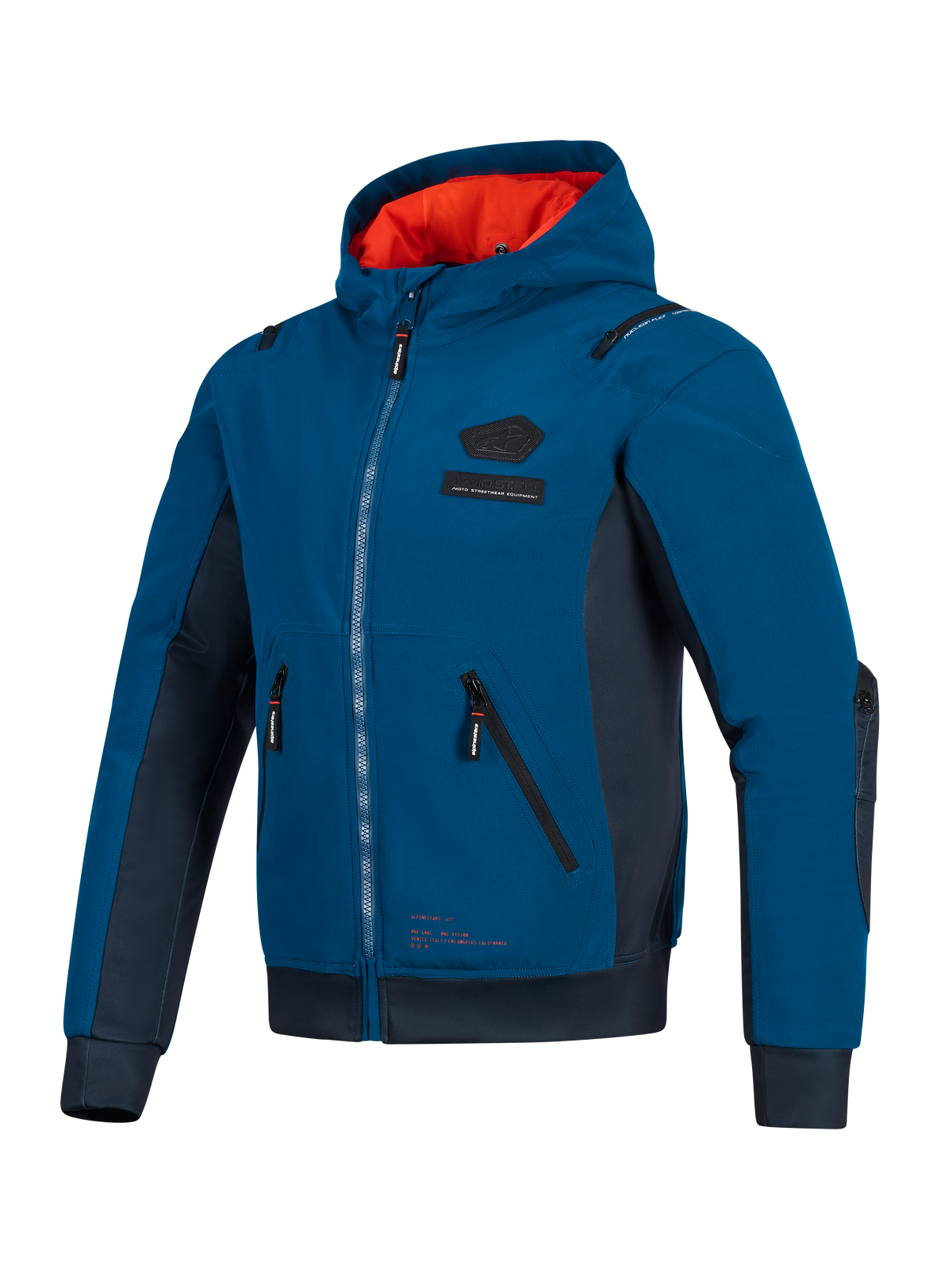 Alpinestars Moblast Waterproof Jacket, azul Dark Petrol e azul Dark Navy, hoodie de motociclismo urbano com forro do capuz em laranja vibrante, bolsos 3D técnicos e construção em softshell ripstop para todas as estações