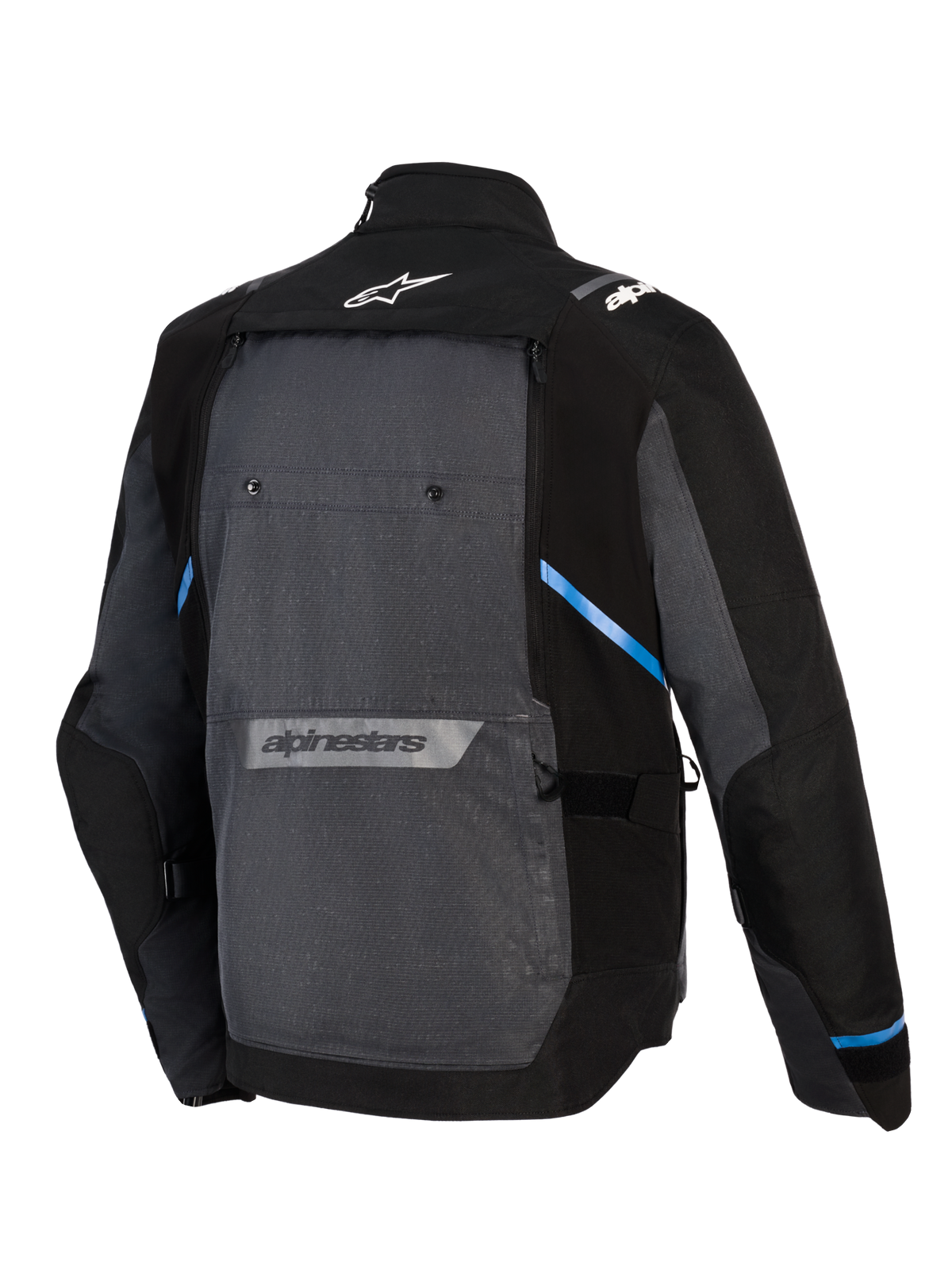 Casaco Alpinestars Cusco Drystar®, casaco de motociclismo de turismo de aventura, preto e cinzento escuro, vista traseira com um grande painel traseiro cinzento, detalhes azuis, logótipos Alpinestars na parte superior e inferior das costas e construção têxtil ripstop durável