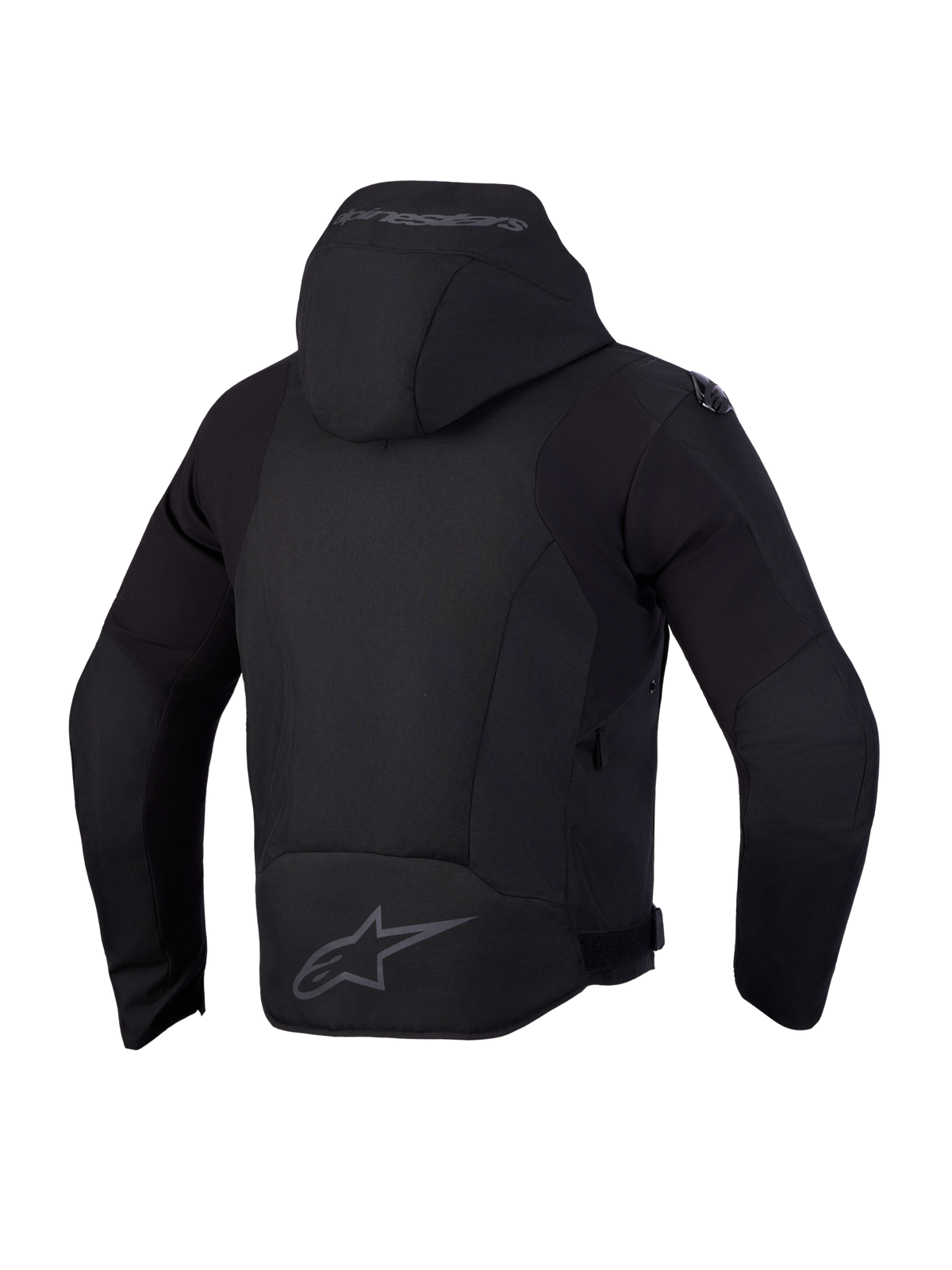 Alpinestars Zaca V2 Waterproof Jacket, blusão de moto em tecido, preto, vista traseira mostrando capuz integrado e proteção nos ombros
