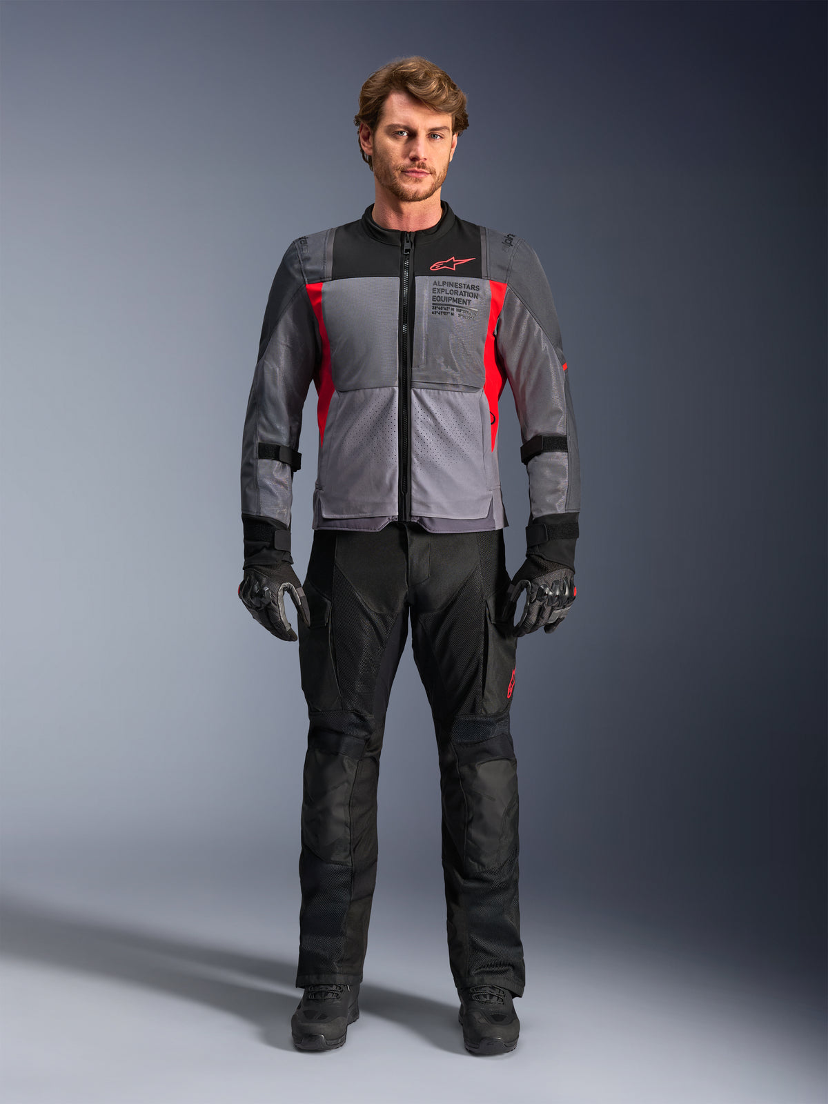 Alpinestars ST-2 Air Jacket, Deep Gray and Red Men's Adventure Touring Jacket with mesh ventilation and exploration details.