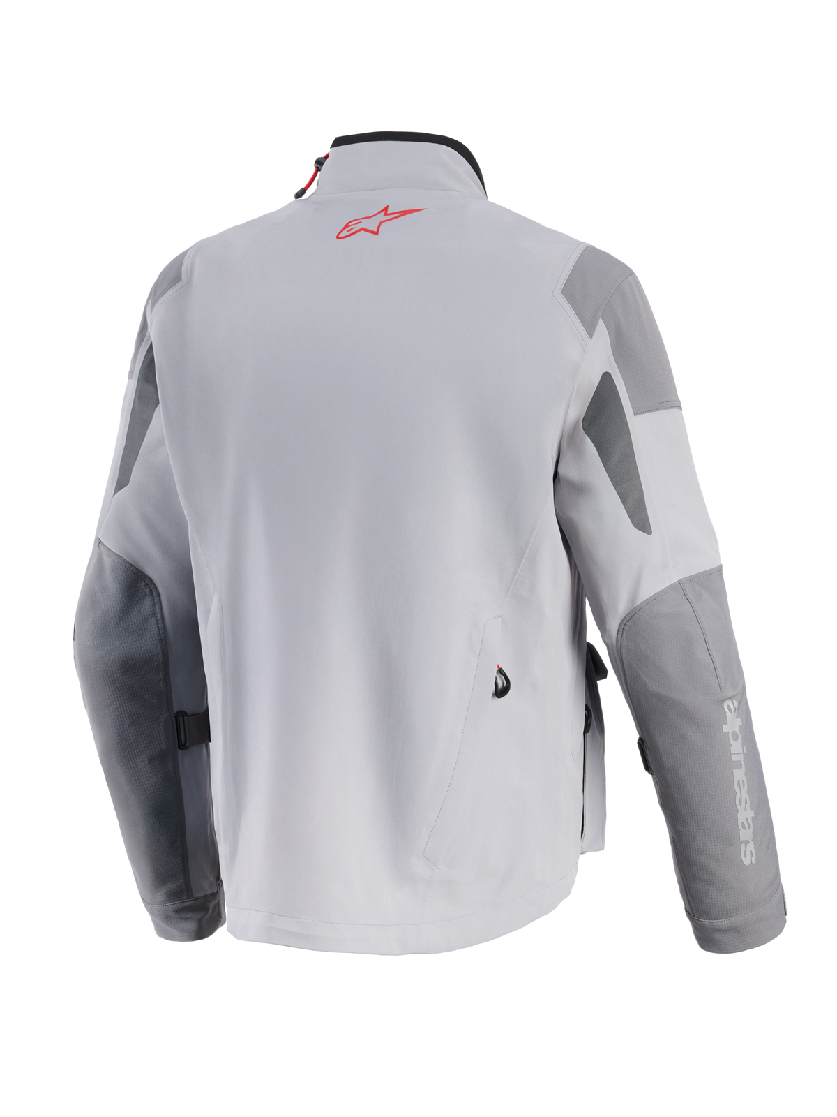 Alpinestars Maxdura Drystar®XF Laminated Armored Shell, casaco de aventura para motociclismo, cinzento médio e cinzento escuro, vista traseira com logótipo Alpinestars vermelho na gola, painéis reforçados em cinzento escuro nos cotovelos e ombros, construção têxtil profissional.