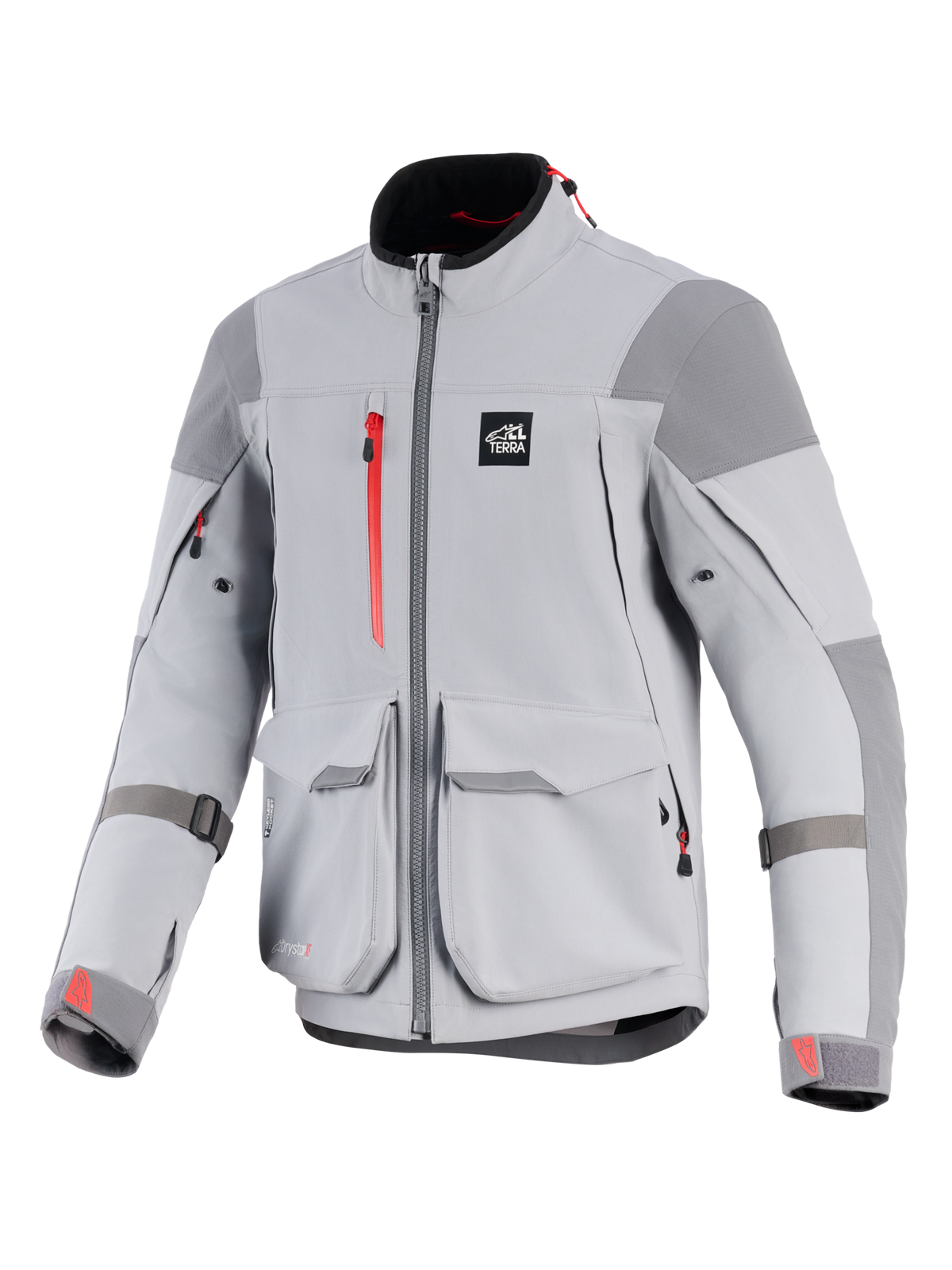 Alpinestars Maxdura Drystar®XF Laminated Armored Shell, casaco de motociclismo, cinzento médio e cinzento escuro, com detalhes de fechos vermelhos e logótipos nos punhos, grandes bolsos cargo frontais, painéis reforçados nos ombros e cotovelos, design técnico de aventura com logótipo 'ALL TERRA' no peito