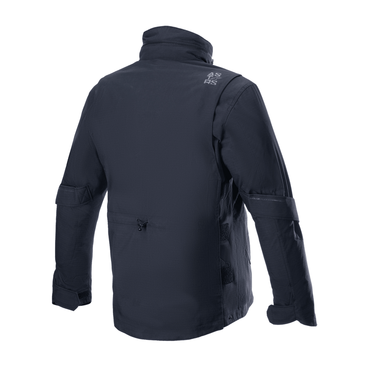 Alpinestars MO.ST.EQ Field Waterproof Primaloft Jacket, preto, vista traseira, jaqueta de motociclismo de inspiração streetwear contemporânea com construção em tecido ripstop, gola alta e logótipo cinzento subtil no ombro.