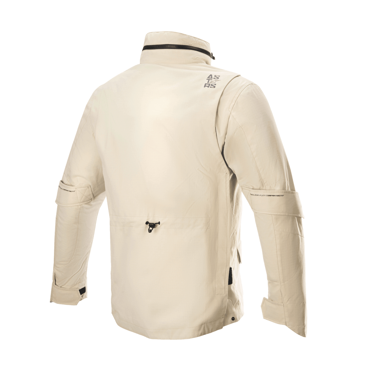 Casaco Alpinestars MO.ST.EQ Field Waterproof Primaloft, casaco de motociclismo, Sand Military, vista traseira apresentando uma gola alta com capuz dobrável, ajustadores de volume nas mangas e construção em ripstop leve num estilo field jacket contemporâneo
