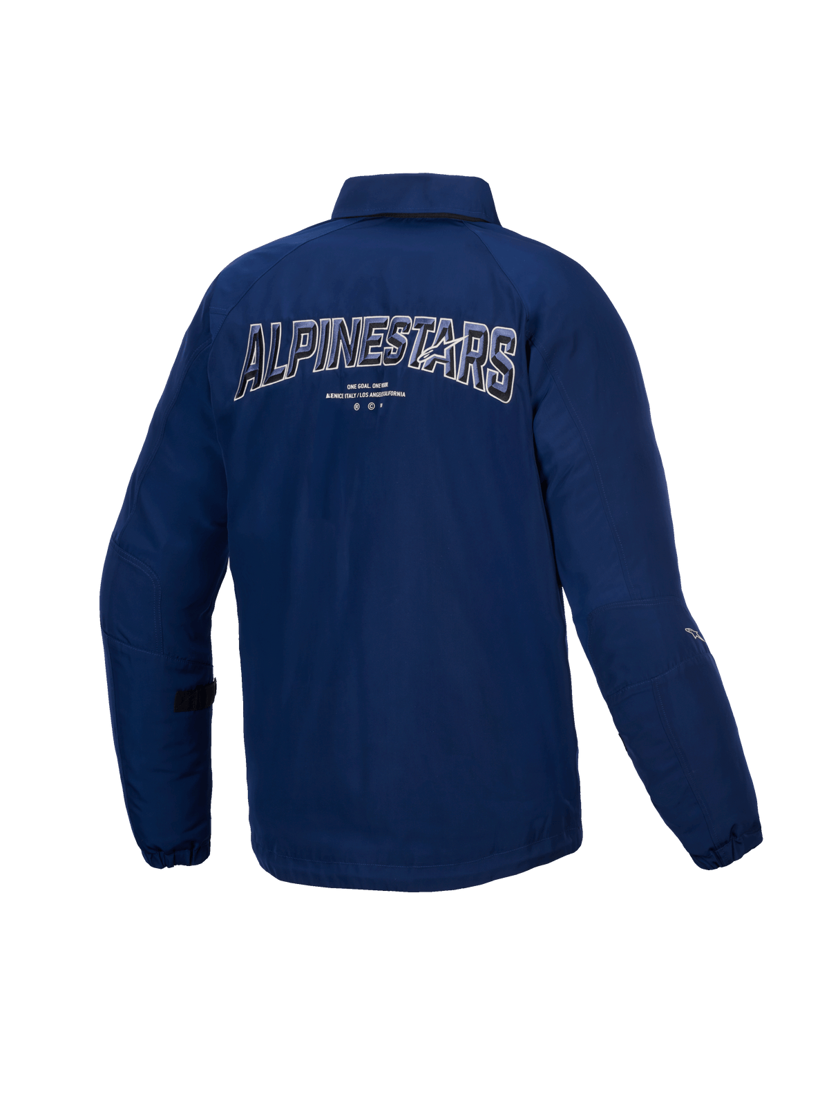 Alpinestars Revved WR Jacket, casaco de moto urbano para homem, azul, vista traseira com bordado 3D dinâmico, construção em cetim resistente à água com certificação CE