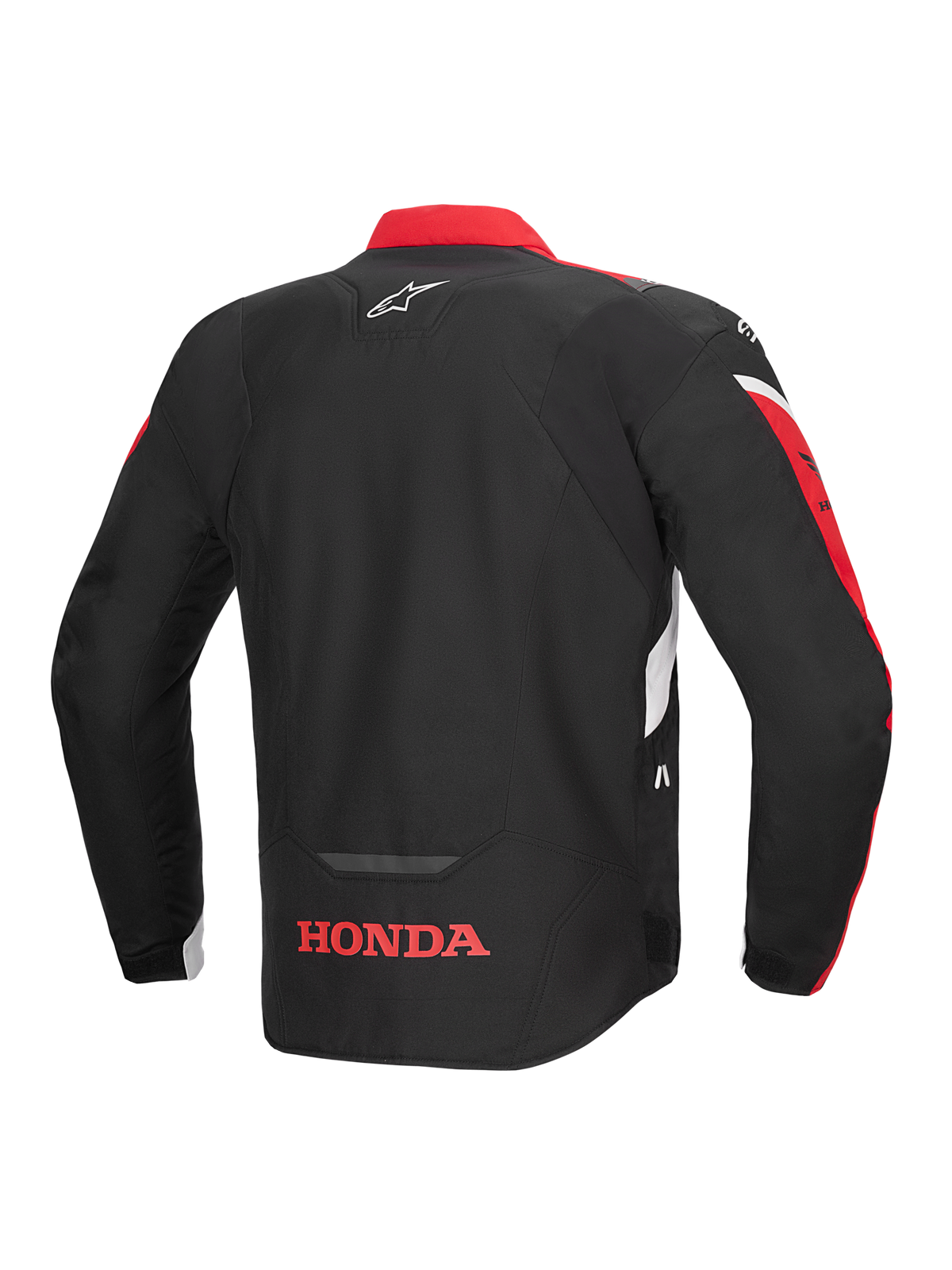 Casaco Alpinestars Honda T-Jaws V4 WP, vista traseira, preto com detalhes em vermelho vivo e branco, com o logótipo Honda vermelho na parte inferior das costas e o logótipo da estrela Alpinestars na parte superior das costas, casaco têxtil de condução desportiva com detalhes refletores