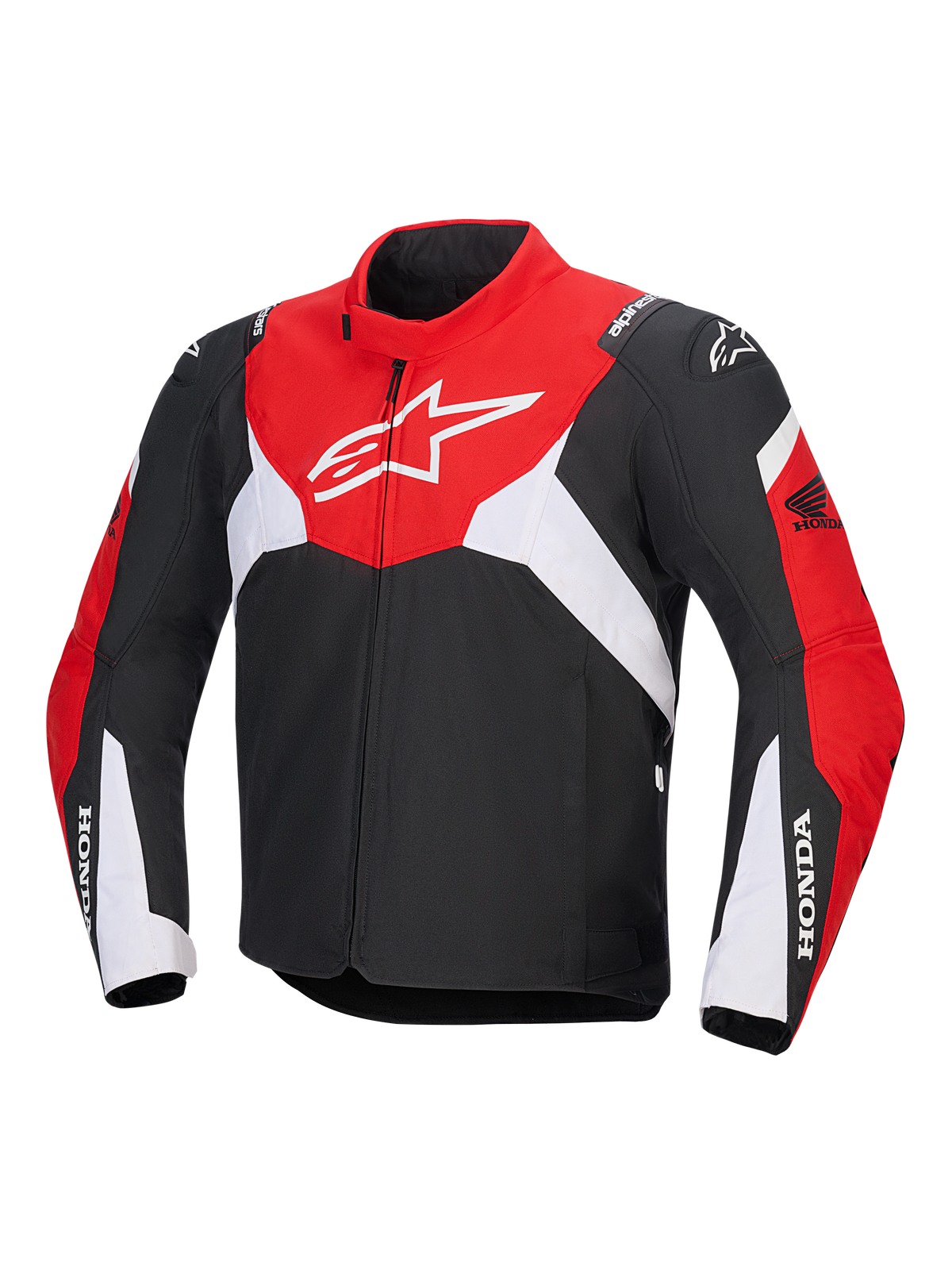 Alpinestars Honda T-Jaws V4 Wp Jacket, casaco técnico de moto impermeável, preto, vermelho vivo e branco, com um logótipo Astar branco no peito e marca Honda nas mangas, design desportivo com gola alta e fecho frontal.