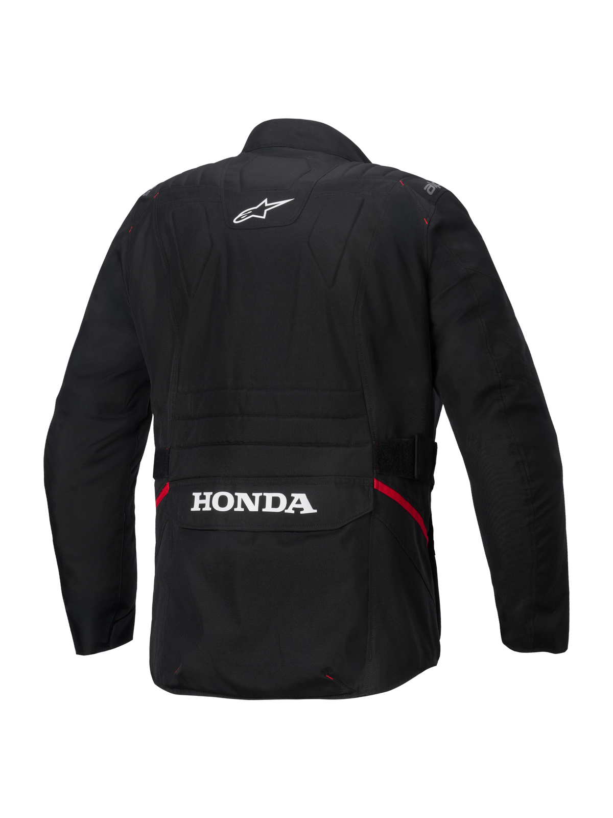 Casaco Alpinestars Honda ST-1 Waterproof, vista traseira, têxtil preto, com o logótipo da estrela Alpinestars em branco na parte superior das costas e a marca Honda no bolso de carga traseiro, detalhes vermelhos nas laterais, casaco de motociclismo de turismo durável