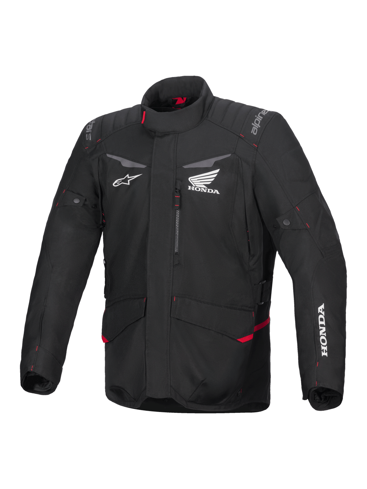 Alpinestars Honda ST-1 Waterproof Jacket, casaco de motociclismo touring, preto com detalhes vermelhos, logótipos Honda e Alpinestars, gola alta, ombros e cotovelos acolchoados, fecho de correr, bolsos frontais