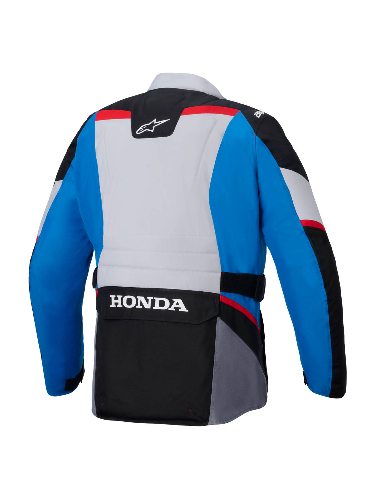 Casaco Alpinestars Honda ST-1 Waterproof, vista traseira, azul e cinzento claro com painéis pretos e pormenores vermelhos, inclui a marca HONDA em letras brancas grandes no bolso de carga na parte inferior das costas, casaco têxtil de estilo adventure touring.