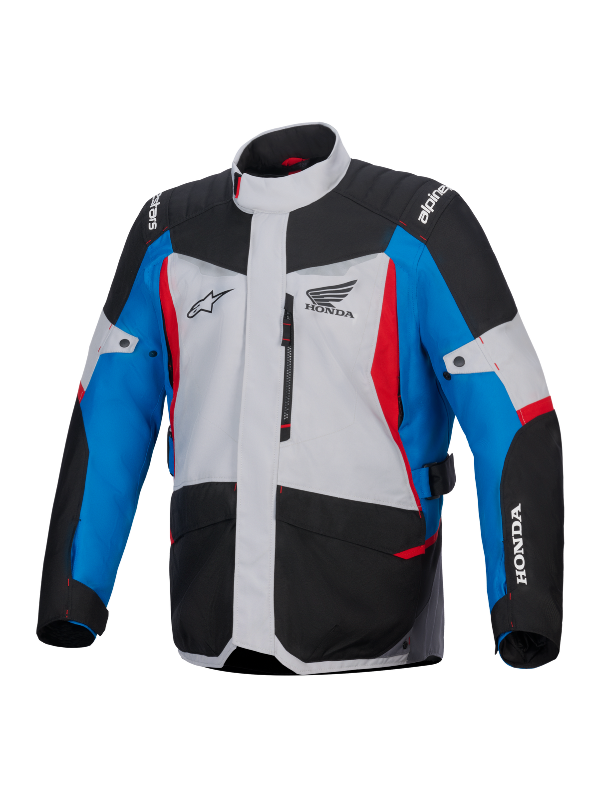 Casaco Alpinestars Honda ST-1 Impermeável, casaco de motociclismo touring, cinzento gelo, preto e azul com detalhes em vermelho, com os logótipos Honda e Alpinestars, vista frontal com bolso no peito com fecho de correr e bolsos de carga, design de touring de aventura resistente às intempéries