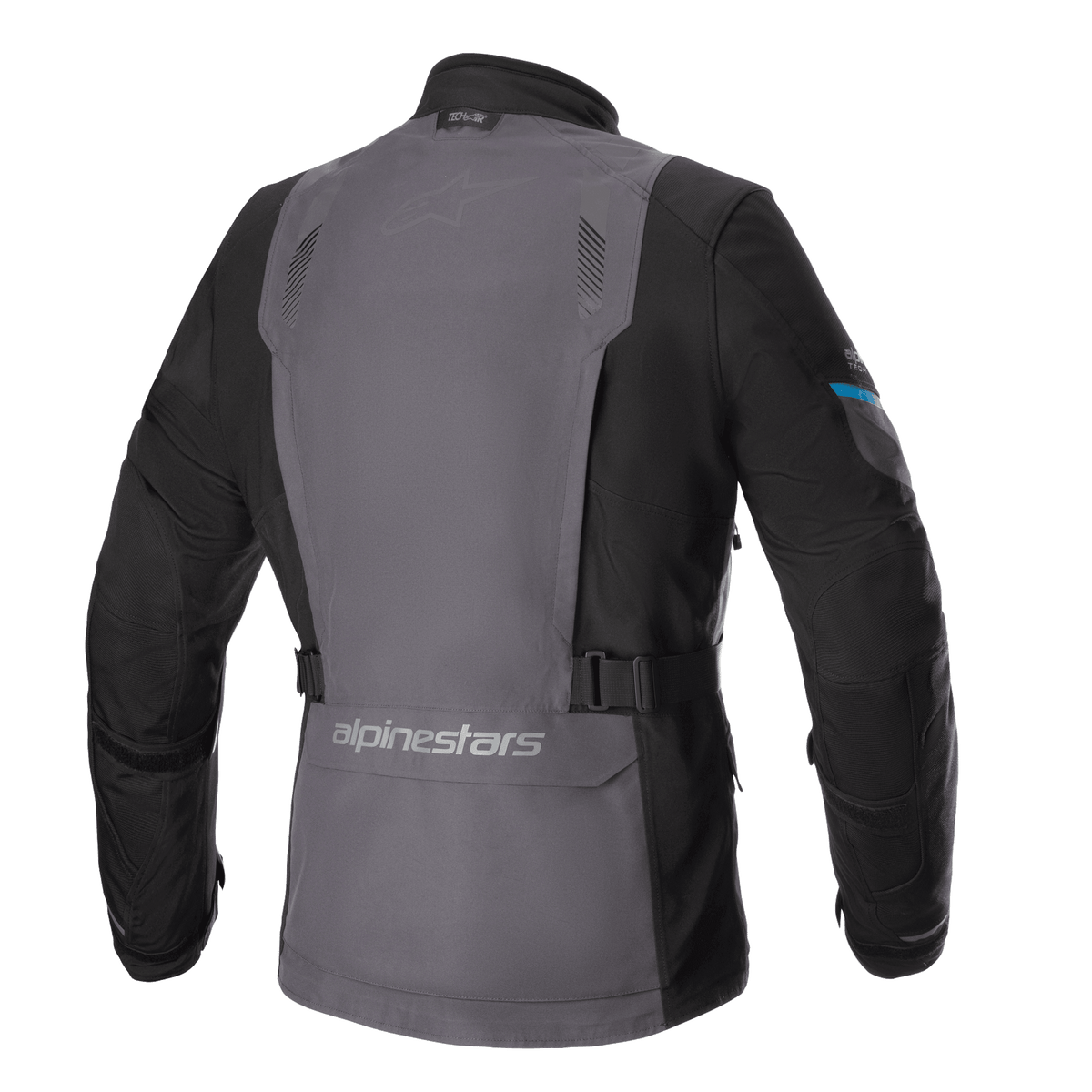 Casaco Alpinestars Monteira Drystar® XF, casaco de motociclismo para turismo de aventura, cinzento e preto com detalhes em azul Methyl, vista traseira mostrando um painel traseiro cinzento, correias de ajuste na cintura e marca Alpinestars na parte inferior das costas.